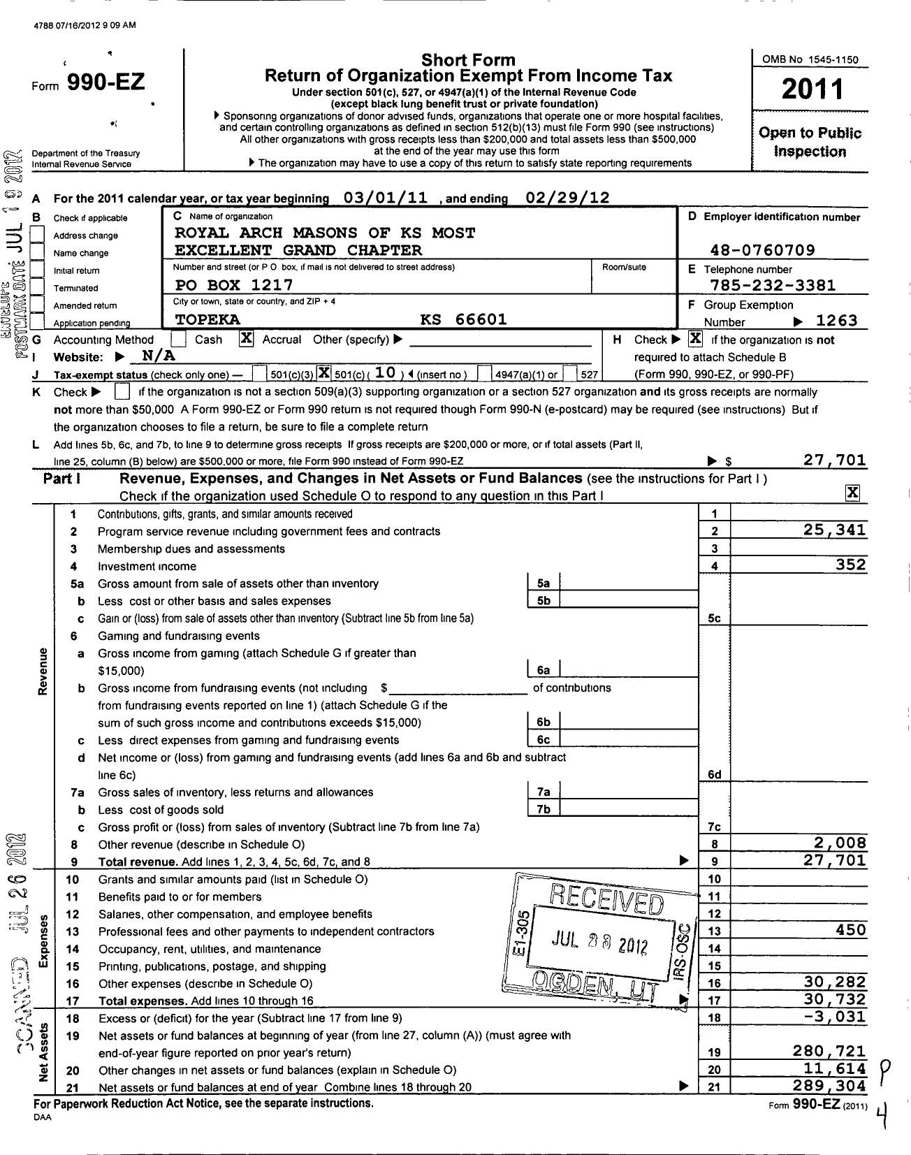 Image of first page of 2011 Form 990EO for Royal Arch Masons of Kansas Grand Chapter