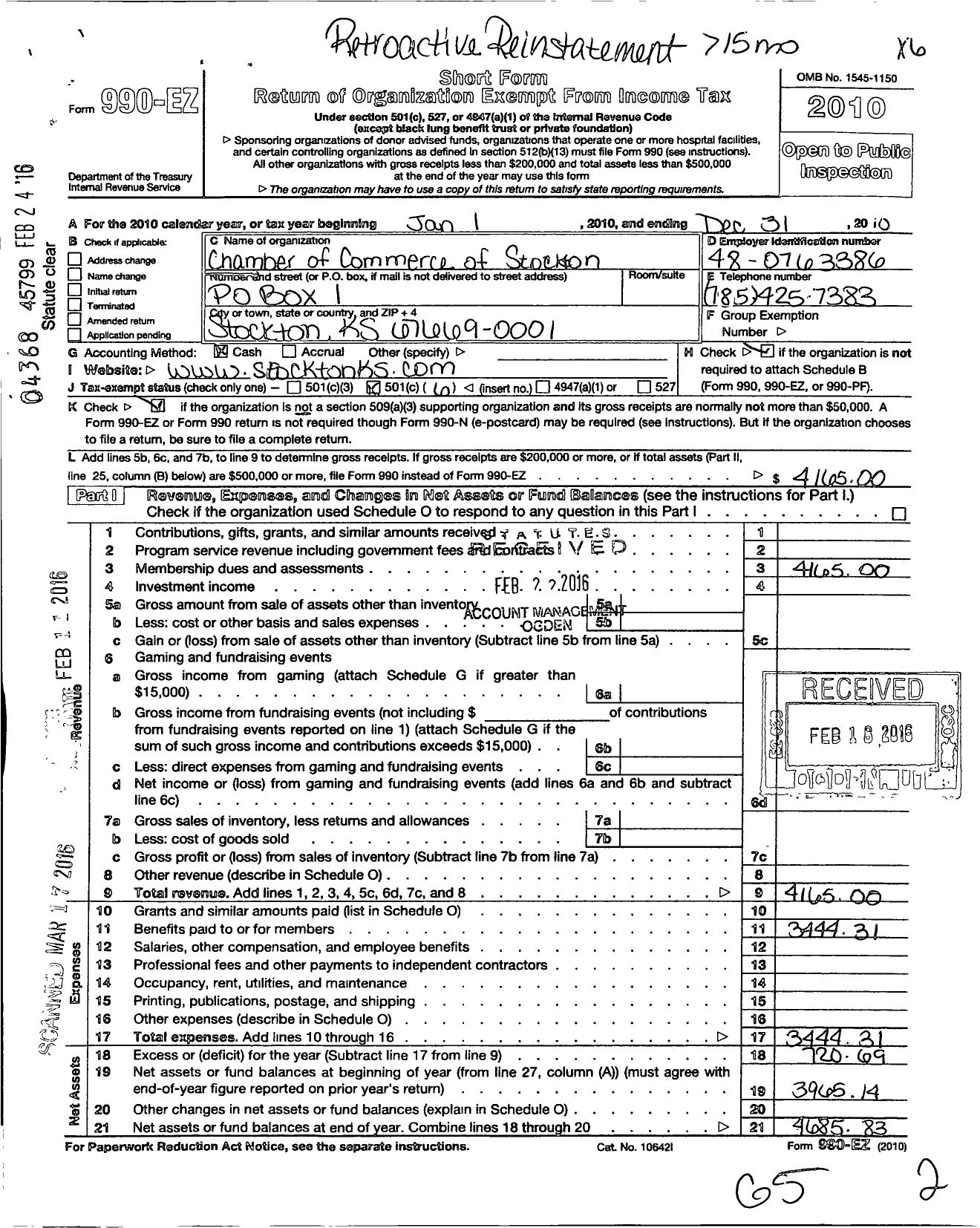 Image of first page of 2010 Form 990EO for Stockton Area Chamber of Commerce