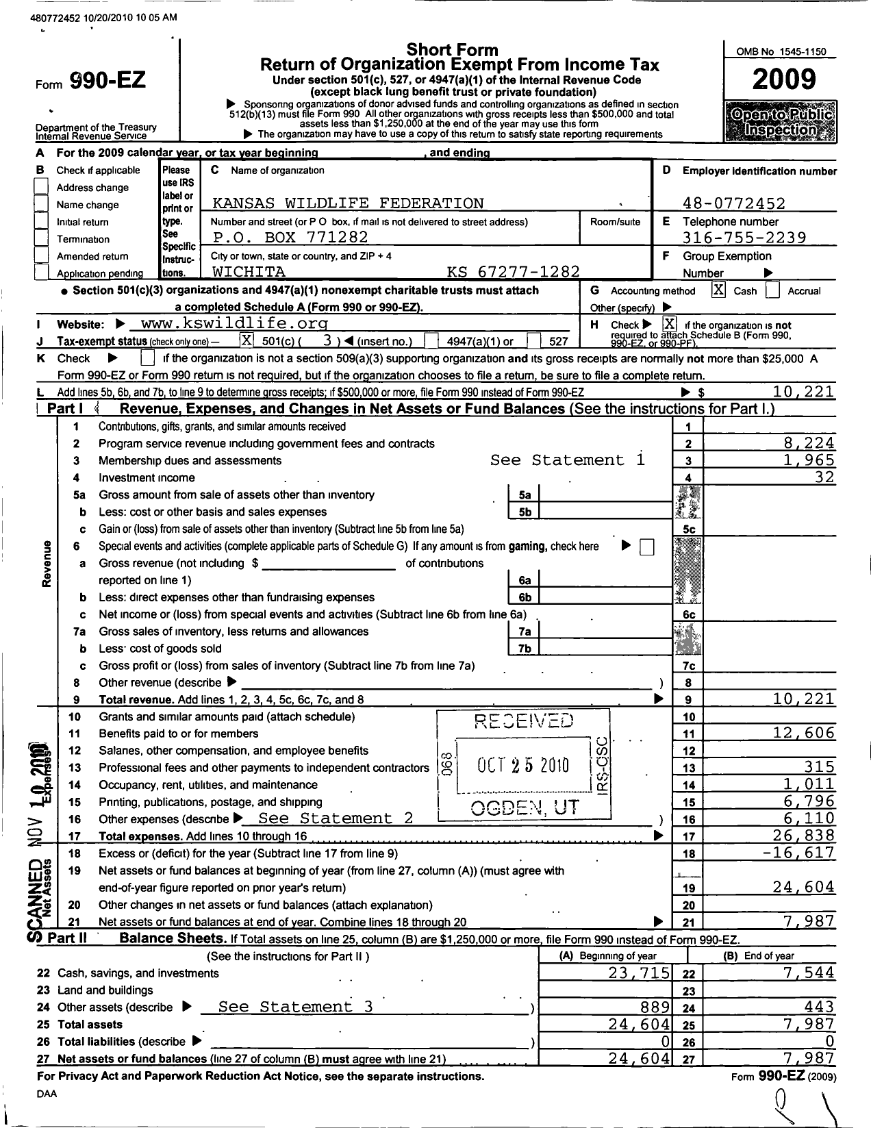 Image of first page of 2009 Form 990EZ for Kansas Wildlife Federation