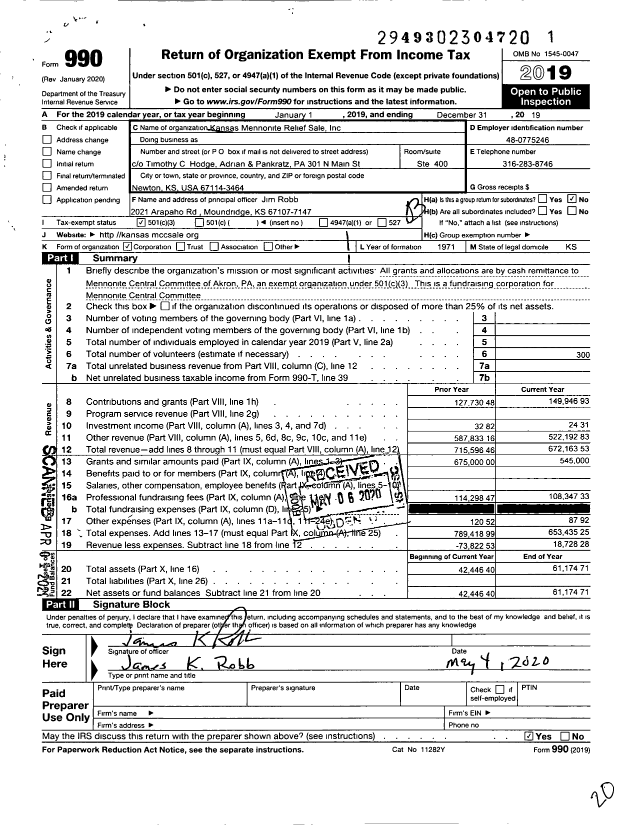 Image of first page of 2019 Form 990 for Kansas Mennonite Relief Sale