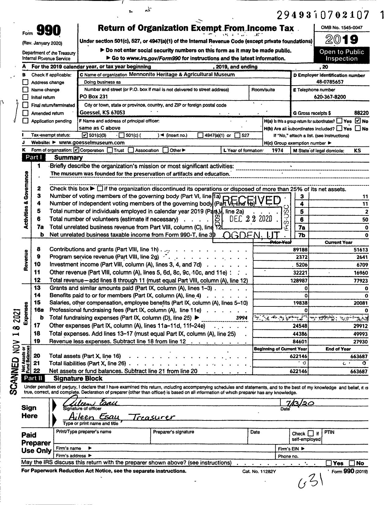 Image of first page of 2019 Form 990 for Mennonite Heritage and Agrcltr Museum