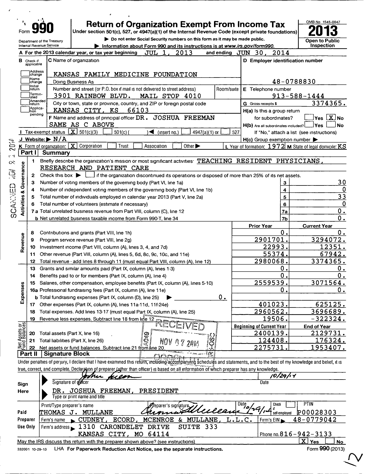 Image of first page of 2013 Form 990 for Kansas Family Medicine Foundation