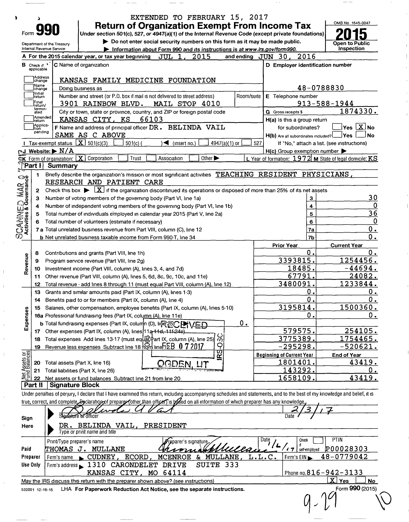 Image of first page of 2015 Form 990 for Kansas Family Medicine Foundation