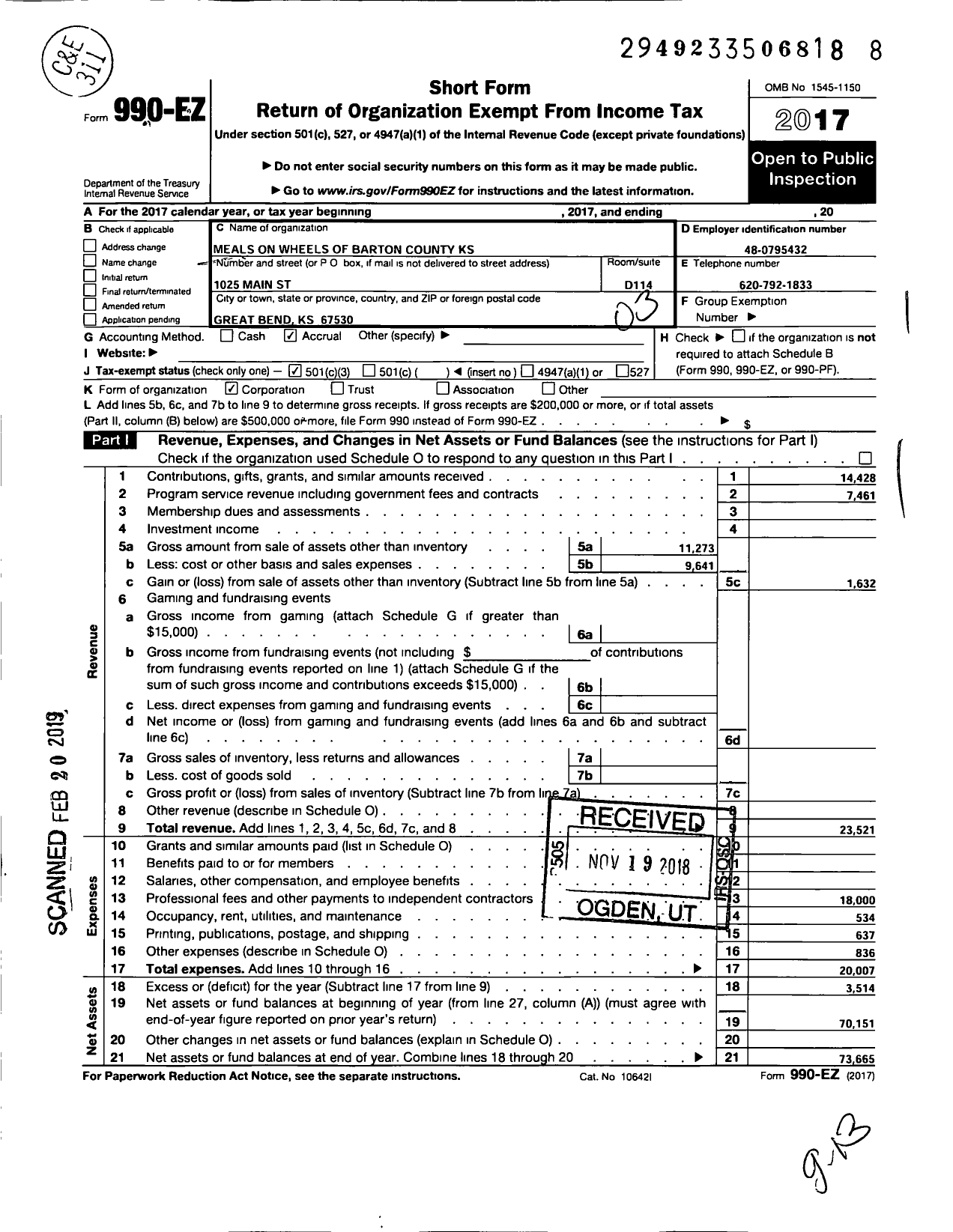 Image of first page of 2017 Form 990EZ for Meals on Wheels of Barton County KS