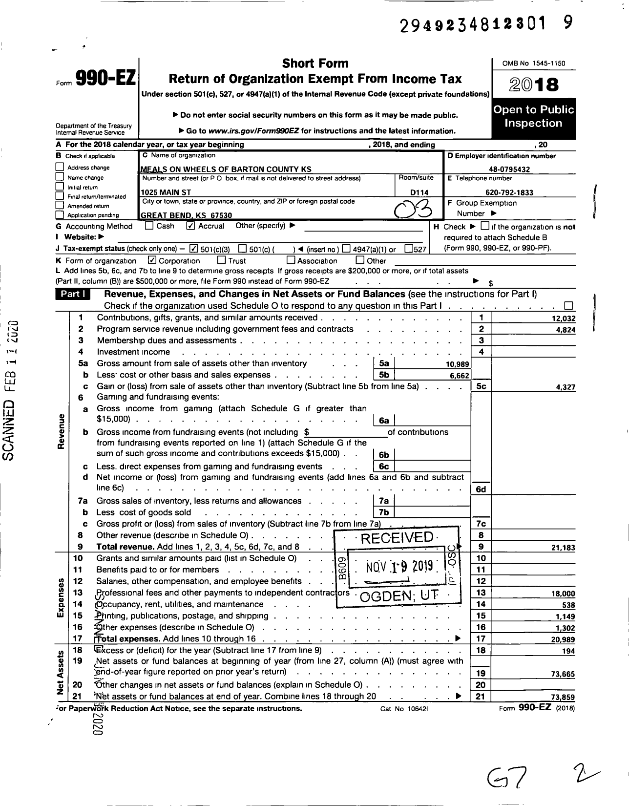 Image of first page of 2018 Form 990EZ for Meals on Wheels of Barton County KS