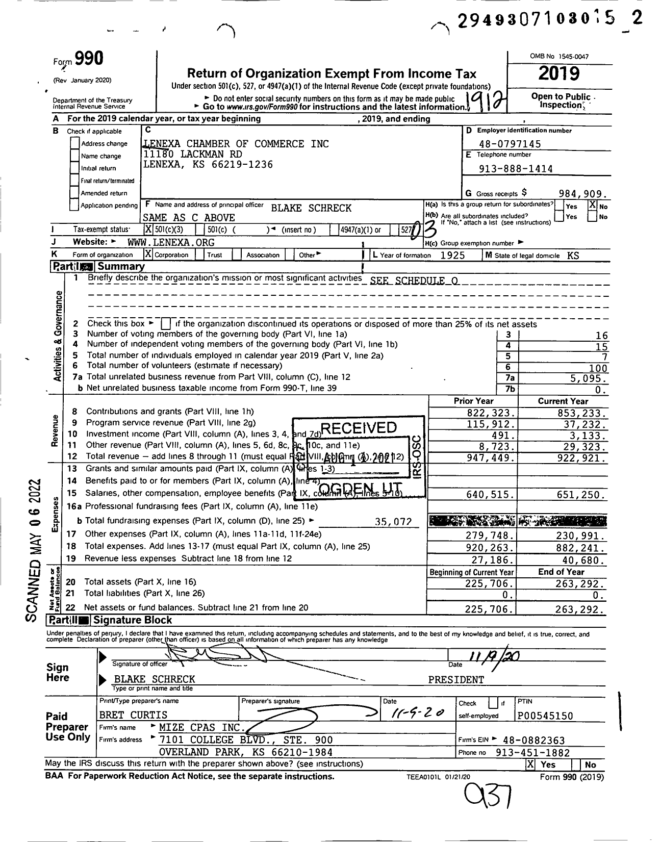 Image of first page of 2019 Form 990 for Lenexa Chamber of Commerce
