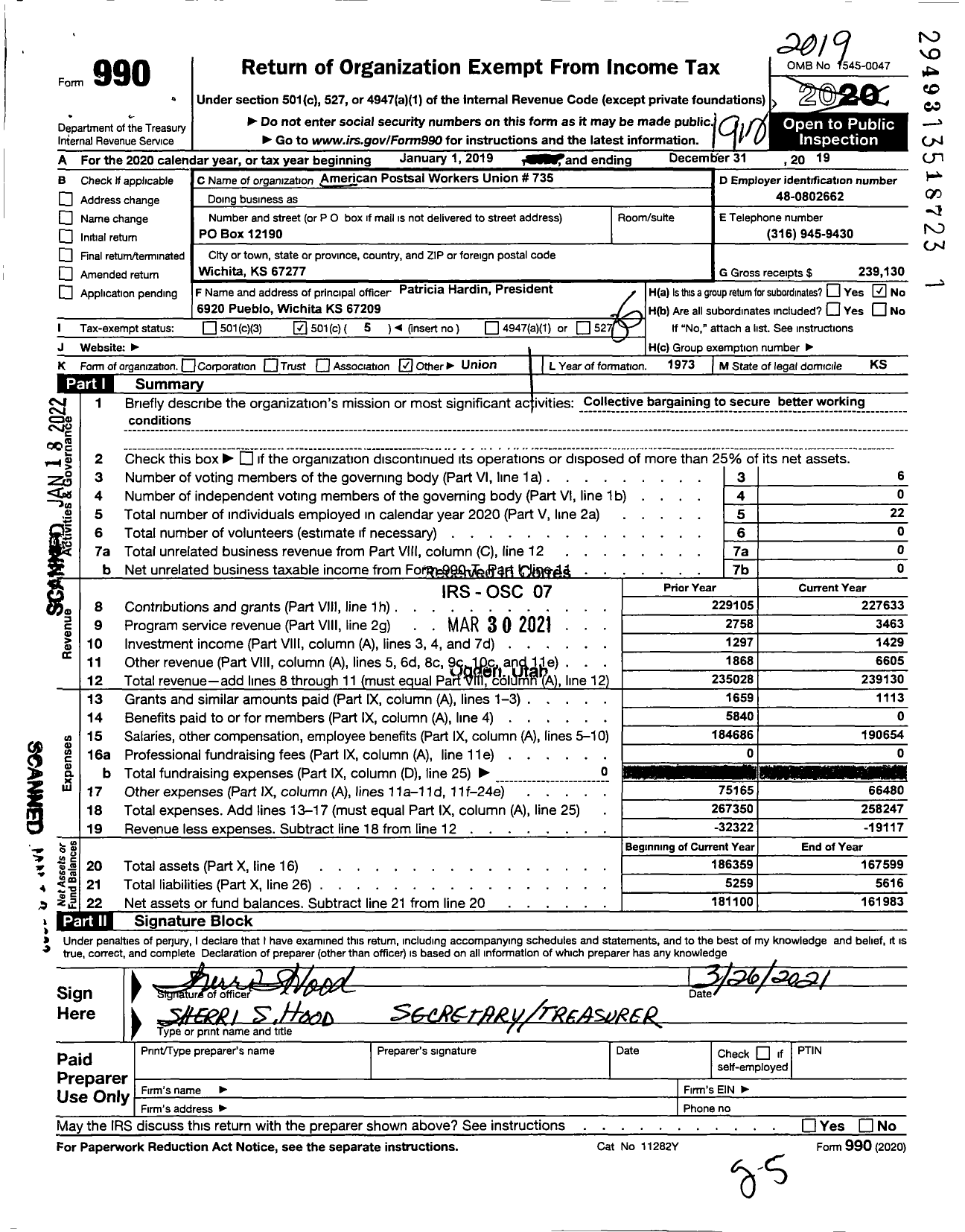 Image of first page of 2019 Form 990O for American Postal Workers Union - 735 Wichita Area Local