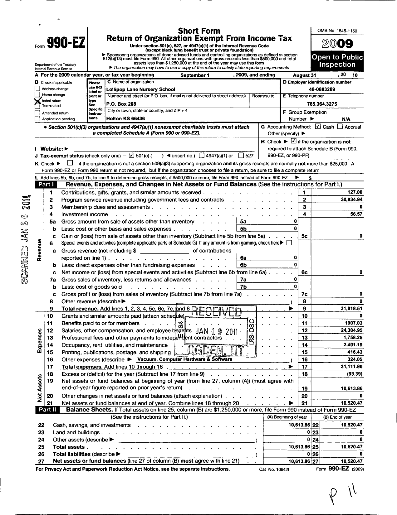 Image of first page of 2009 Form 990EO for Lollipop Lane Nursery School