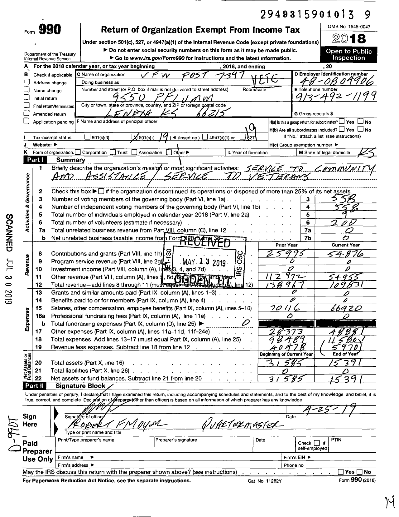 Image of first page of 2018 Form 990O for Veterans of Foreign Wars of the United States Dept of Kansas - 7397 Isadore Hoehn