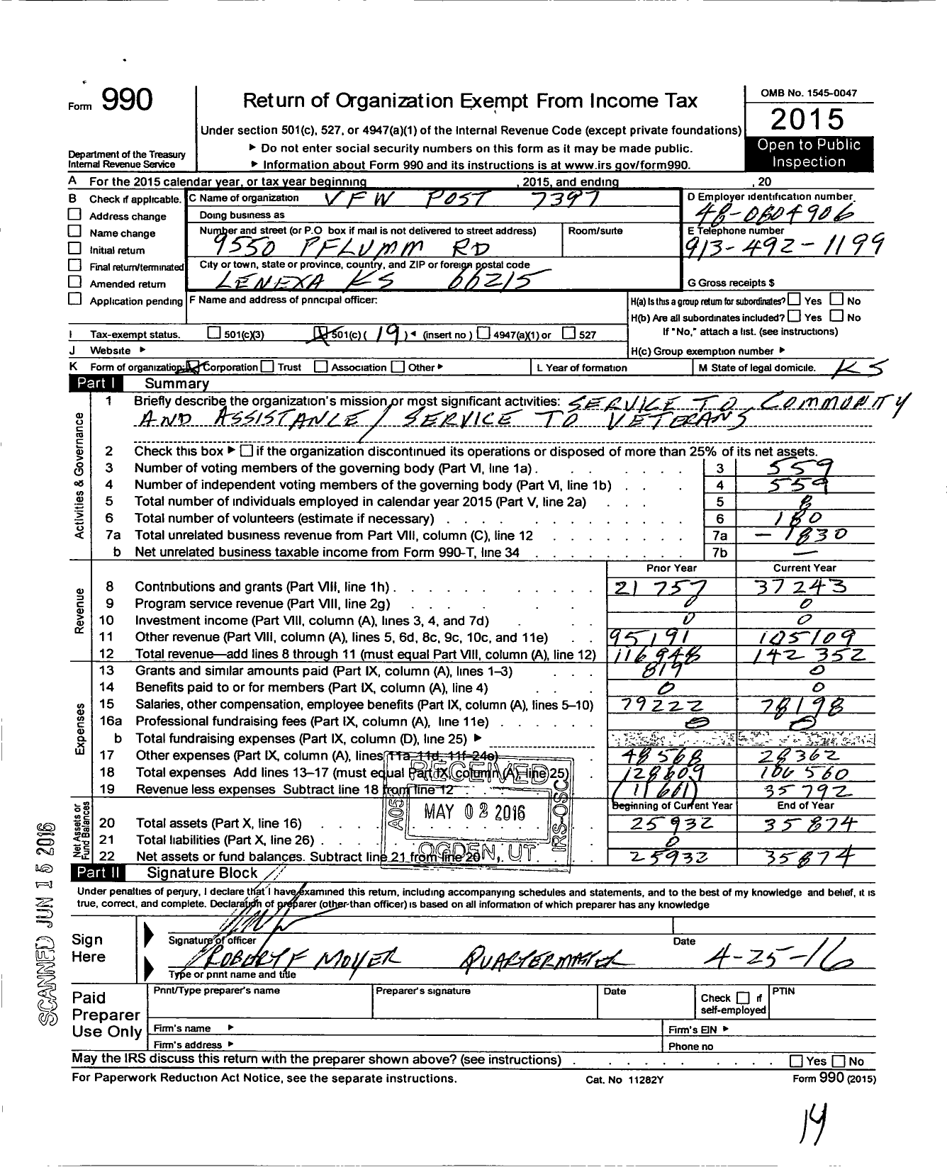 Image of first page of 2015 Form 990O for Veterans of Foreign Wars of the United States Dept of Kansas - 7397 Isadore Hoehn