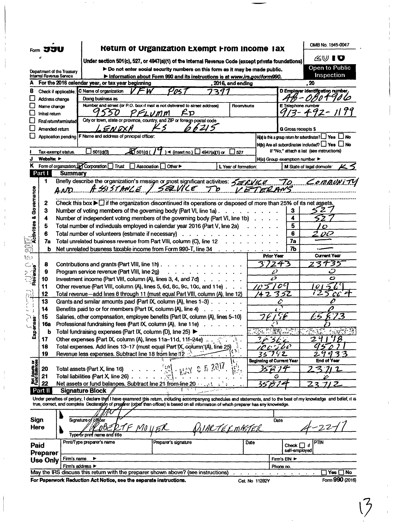 Image of first page of 2016 Form 990O for Veterans of Foreign Wars of the United States Dept of Kansas - 7397 Isadore Hoehn