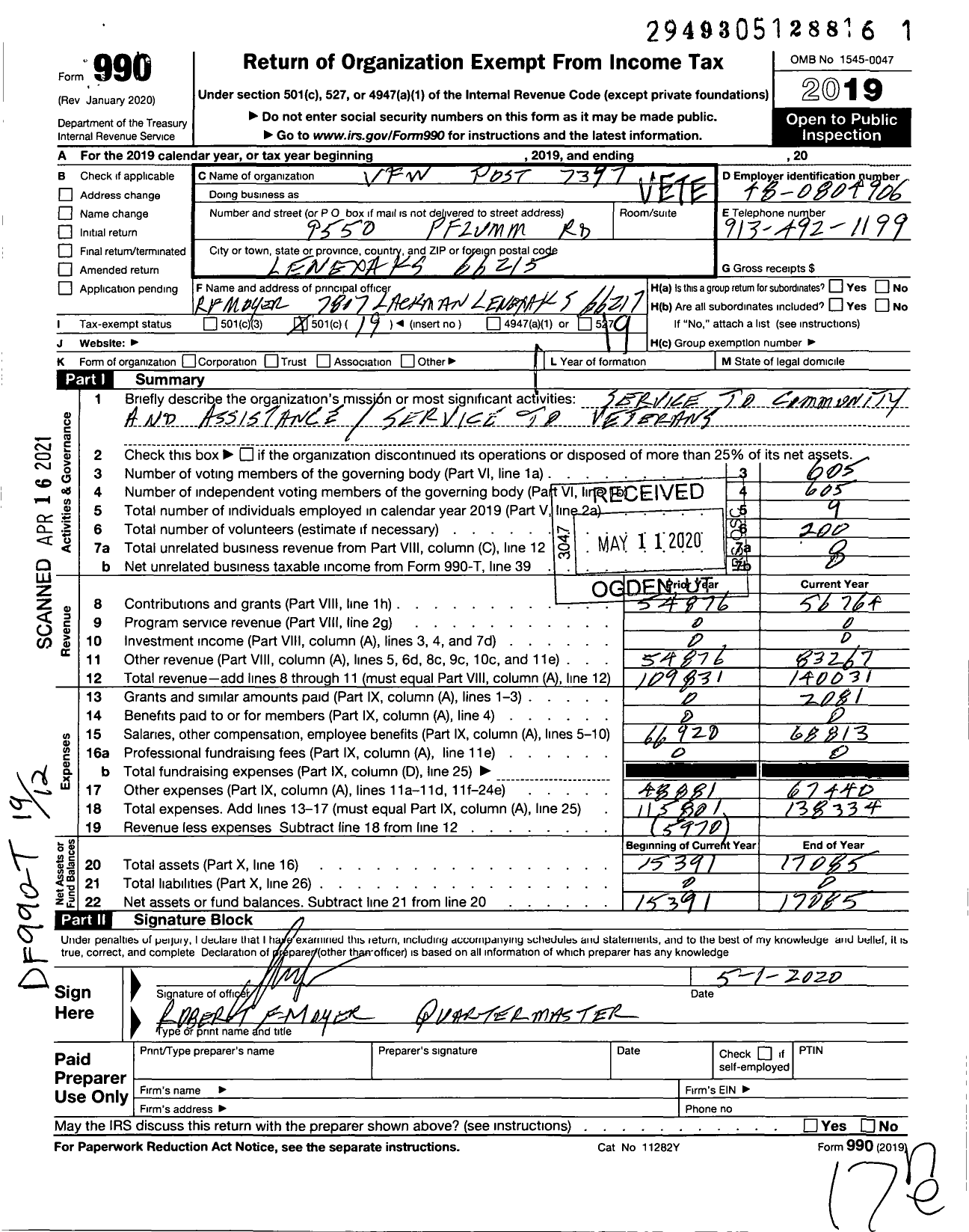Image of first page of 2019 Form 990O for Veterans of Foreign Wars of the United States Dept of Kansas - 7397 Isadore Hoehn
