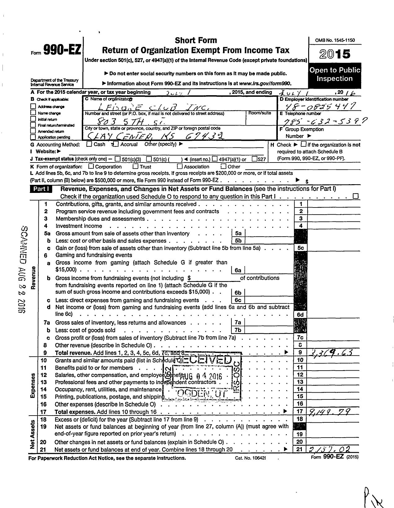 Image of first page of 2015 Form 990EO for Leisure Club