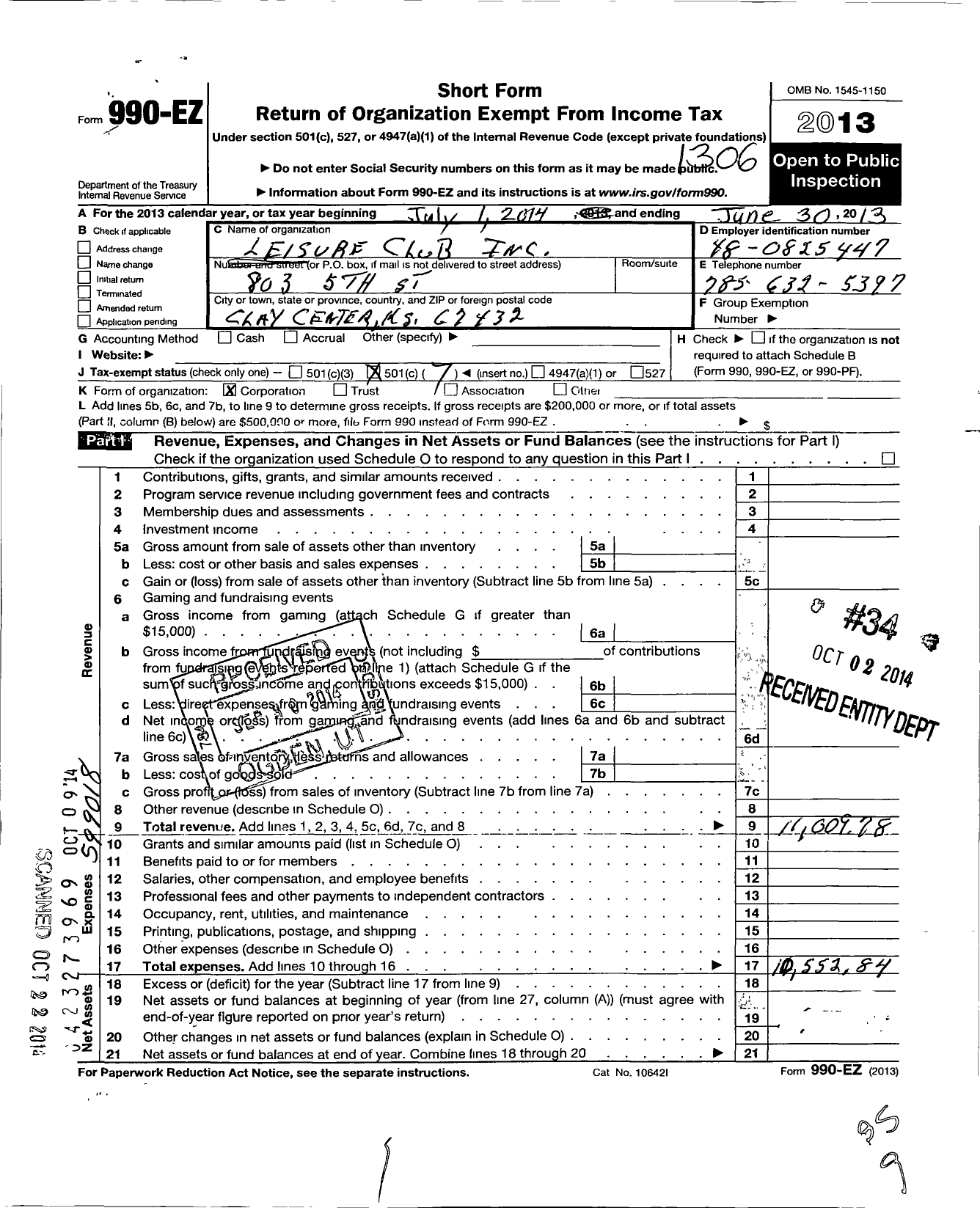 Image of first page of 2012 Form 990EO for Leisure Club