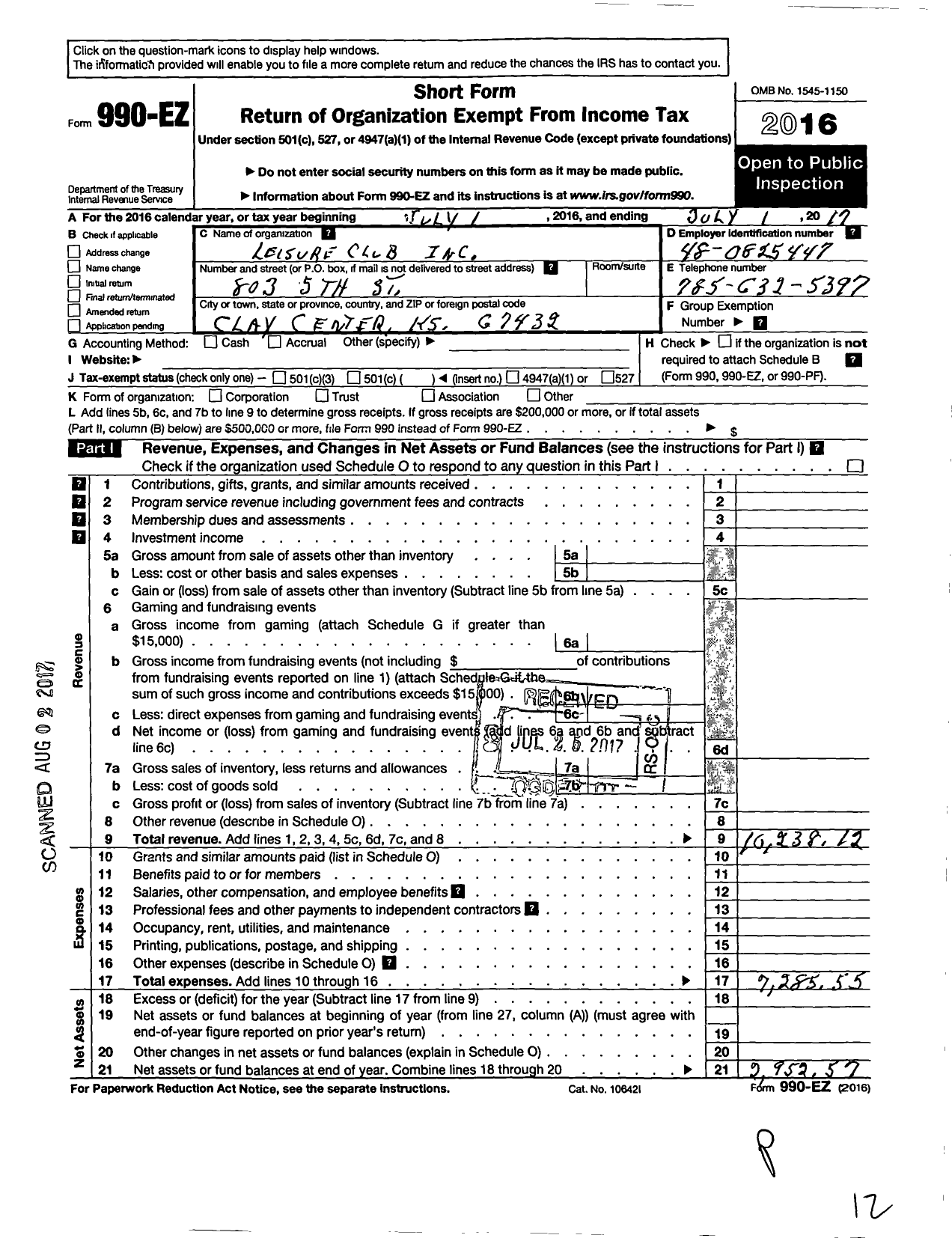 Image of first page of 2016 Form 990EO for Leisure Club