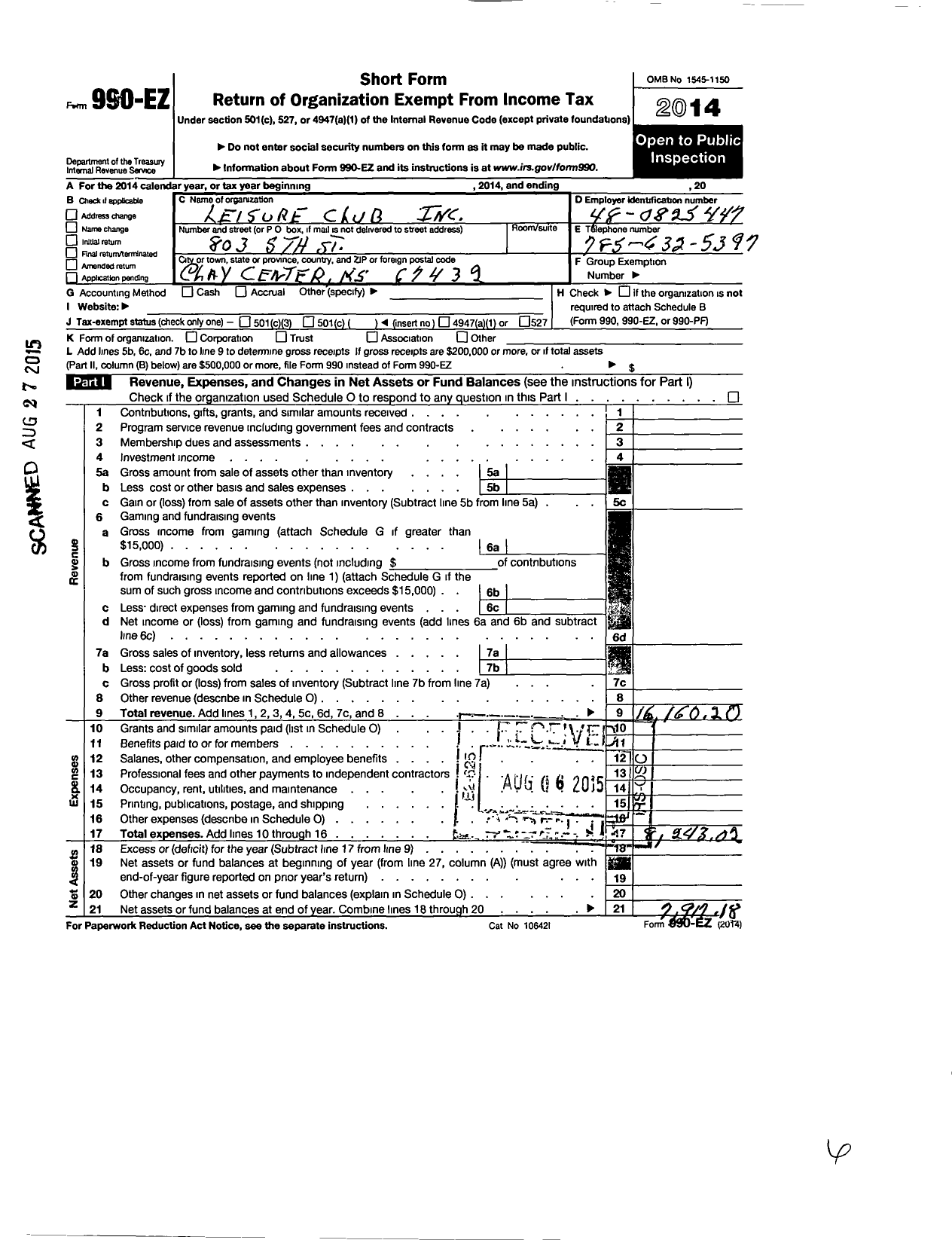 Image of first page of 2014 Form 990EO for Leisure Club