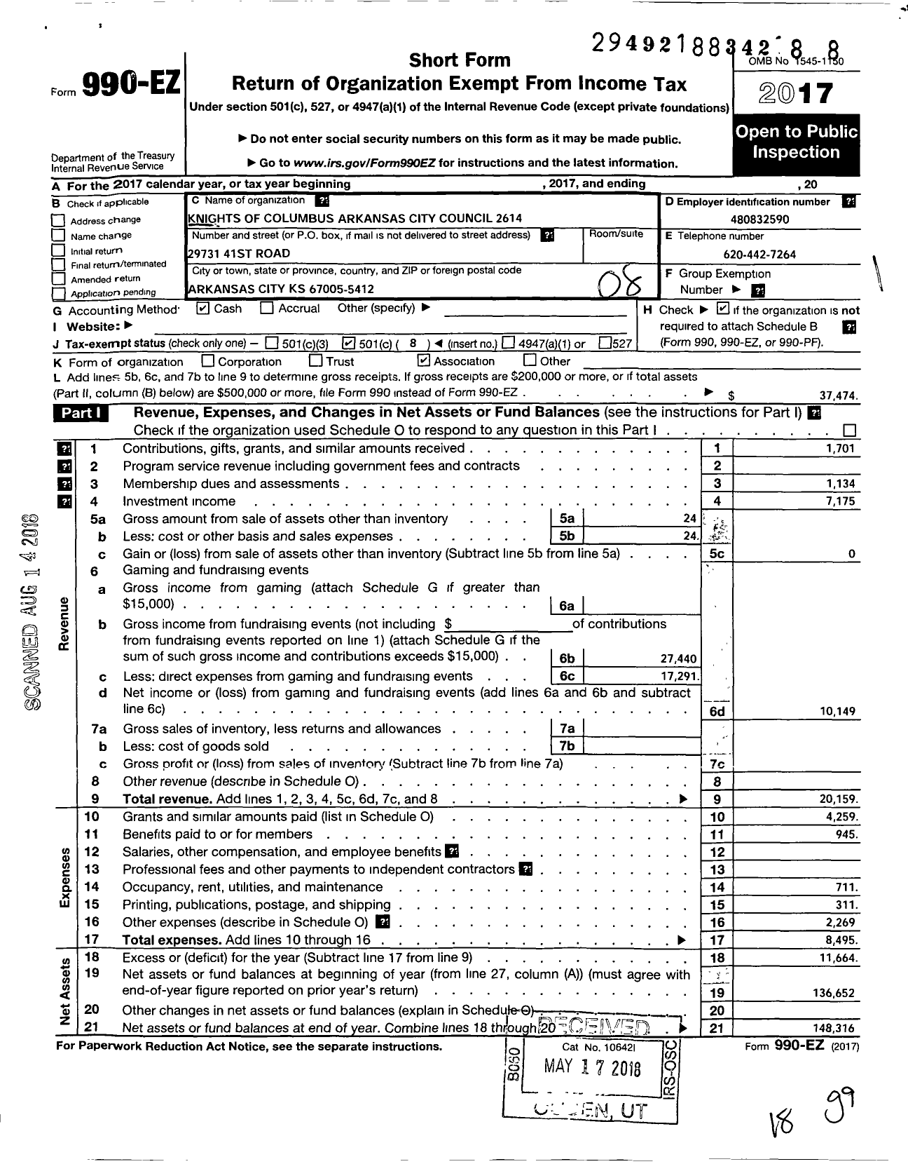 Image of first page of 2017 Form 990EO for Knights of Columbus - 2614 Arkansas City Council