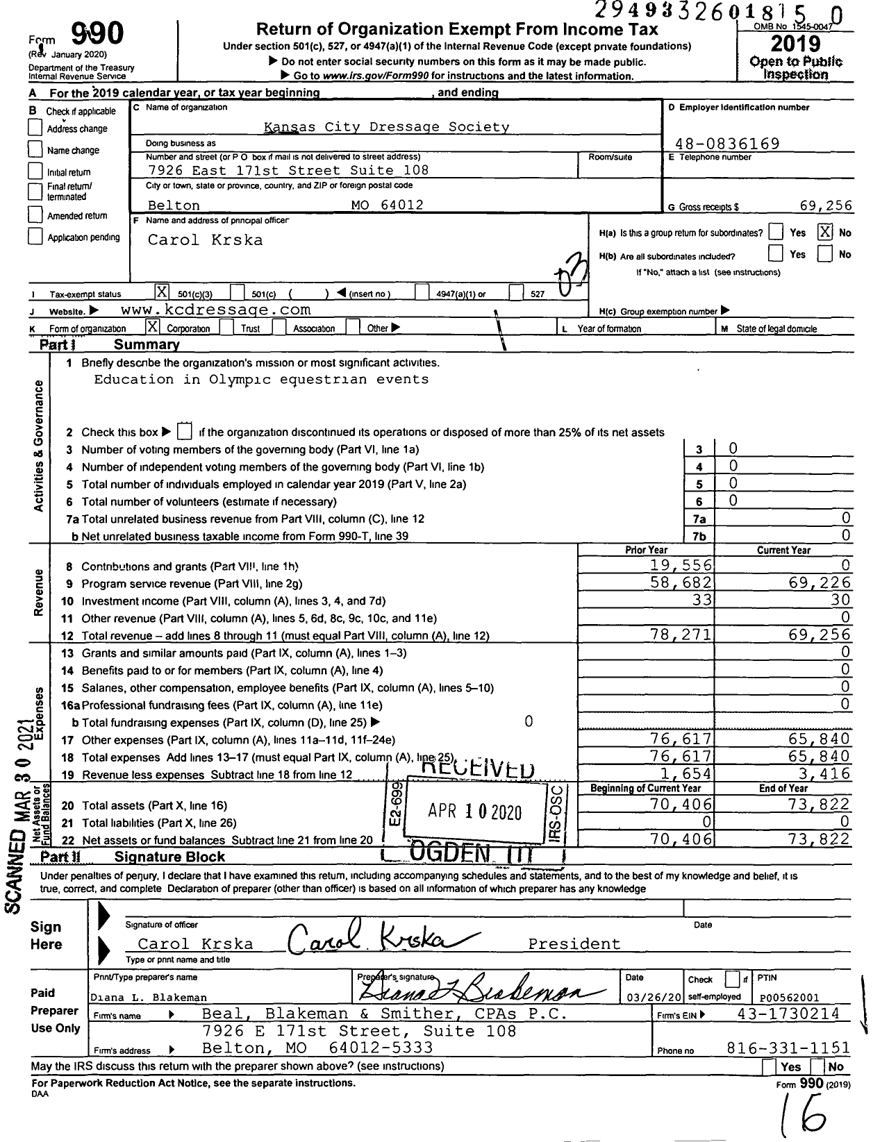 Image of first page of 2019 Form 990 for The Kansas City Dressage Society