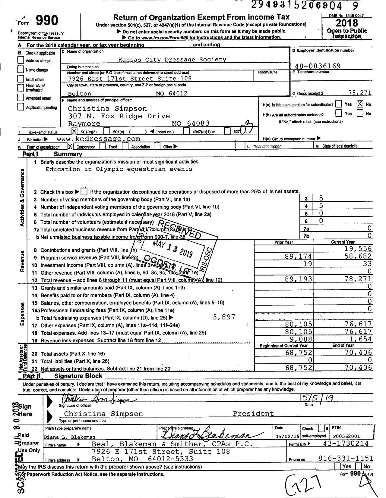 Image of first page of 2018 Form 990 for The Kansas City Dressage Society