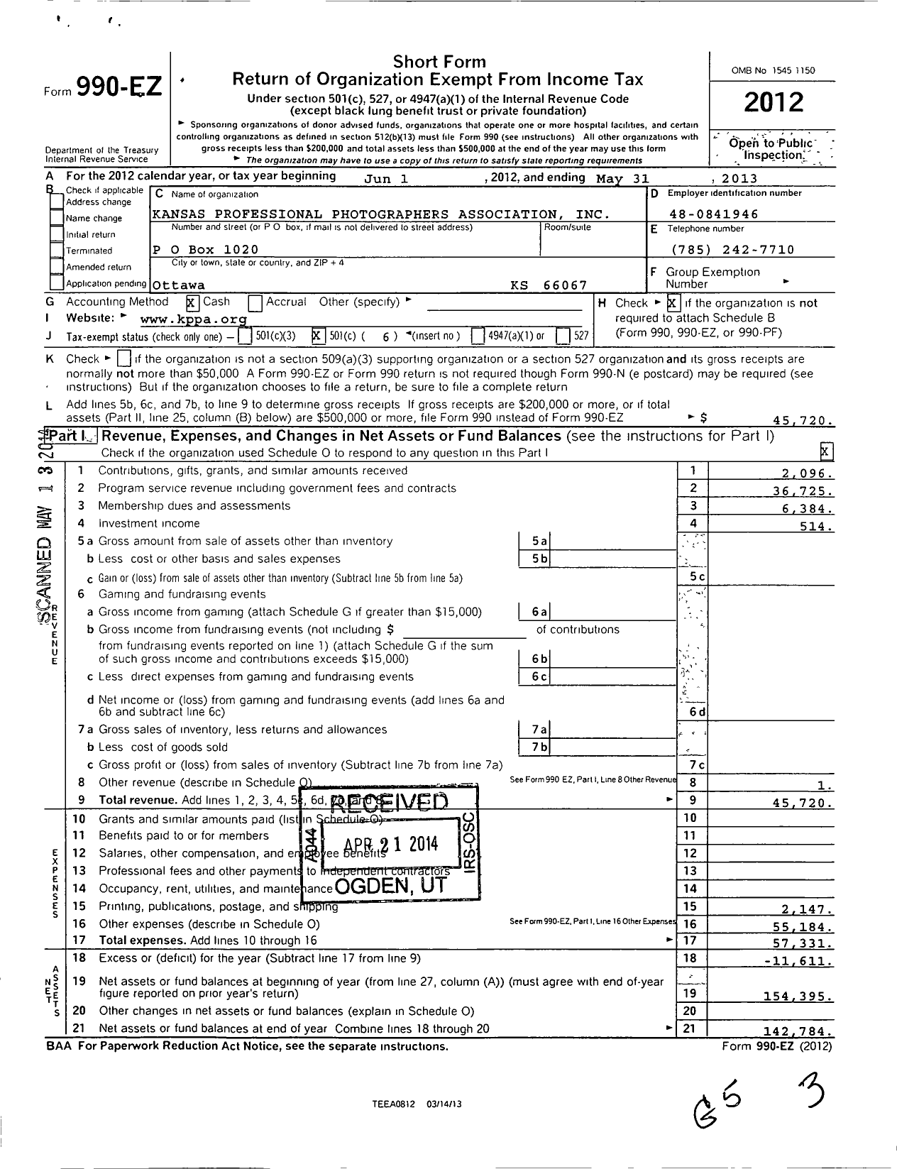 Image of first page of 2012 Form 990EO for Kansas Professional Photographers Association