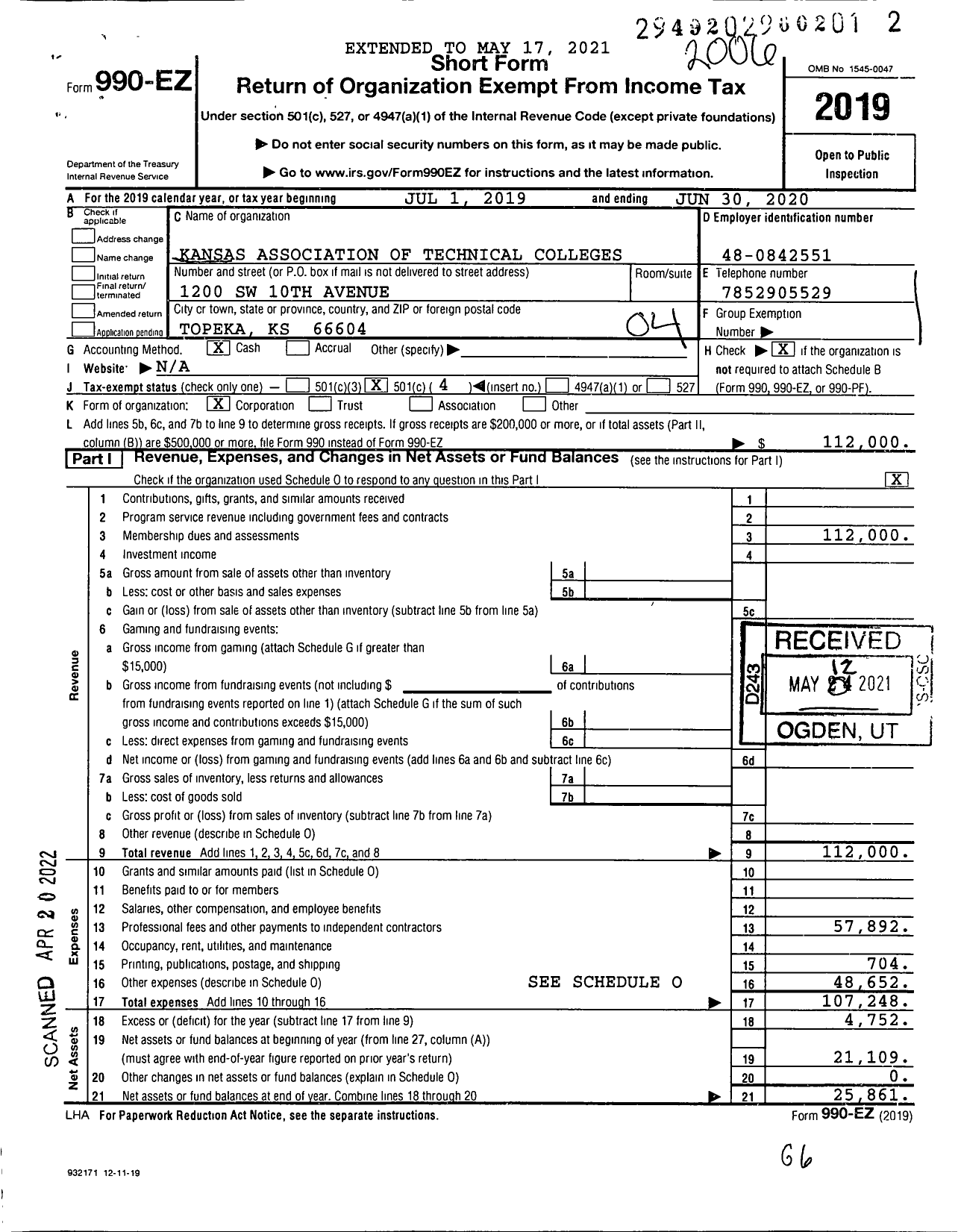 Image of first page of 2019 Form 990EO for Kansas Association of Technical Colleges