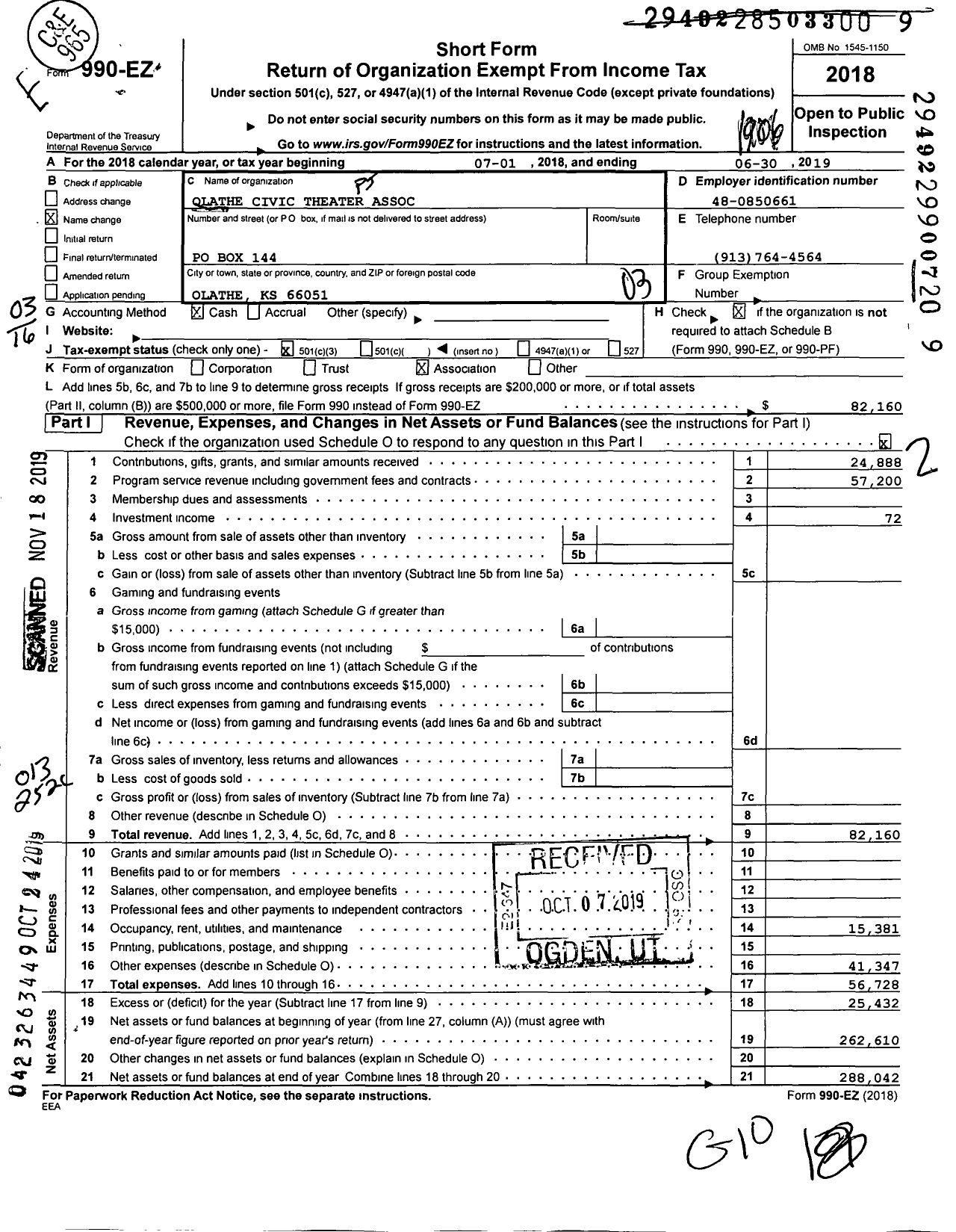 Image of first page of 2018 Form 990EZ for Olathe Community Theater Association