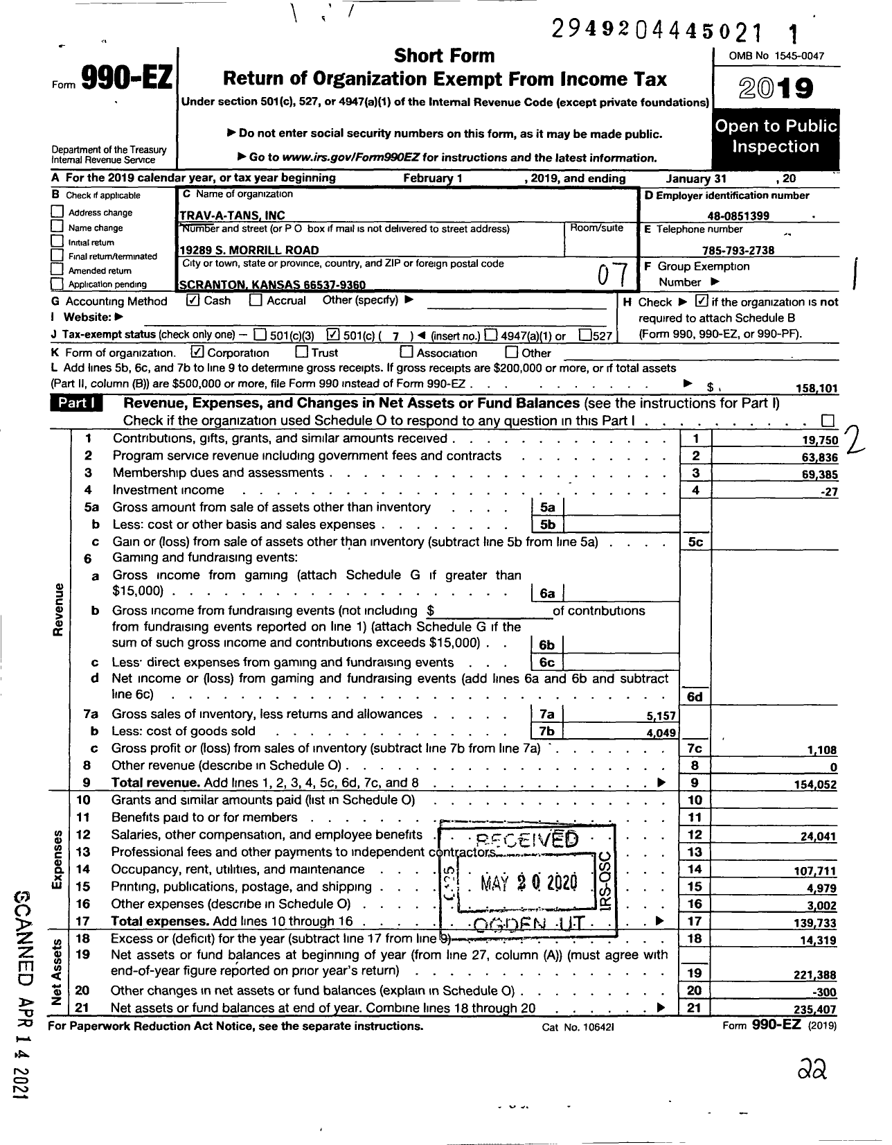 Image of first page of 2019 Form 990EO for Trav-A-Tans