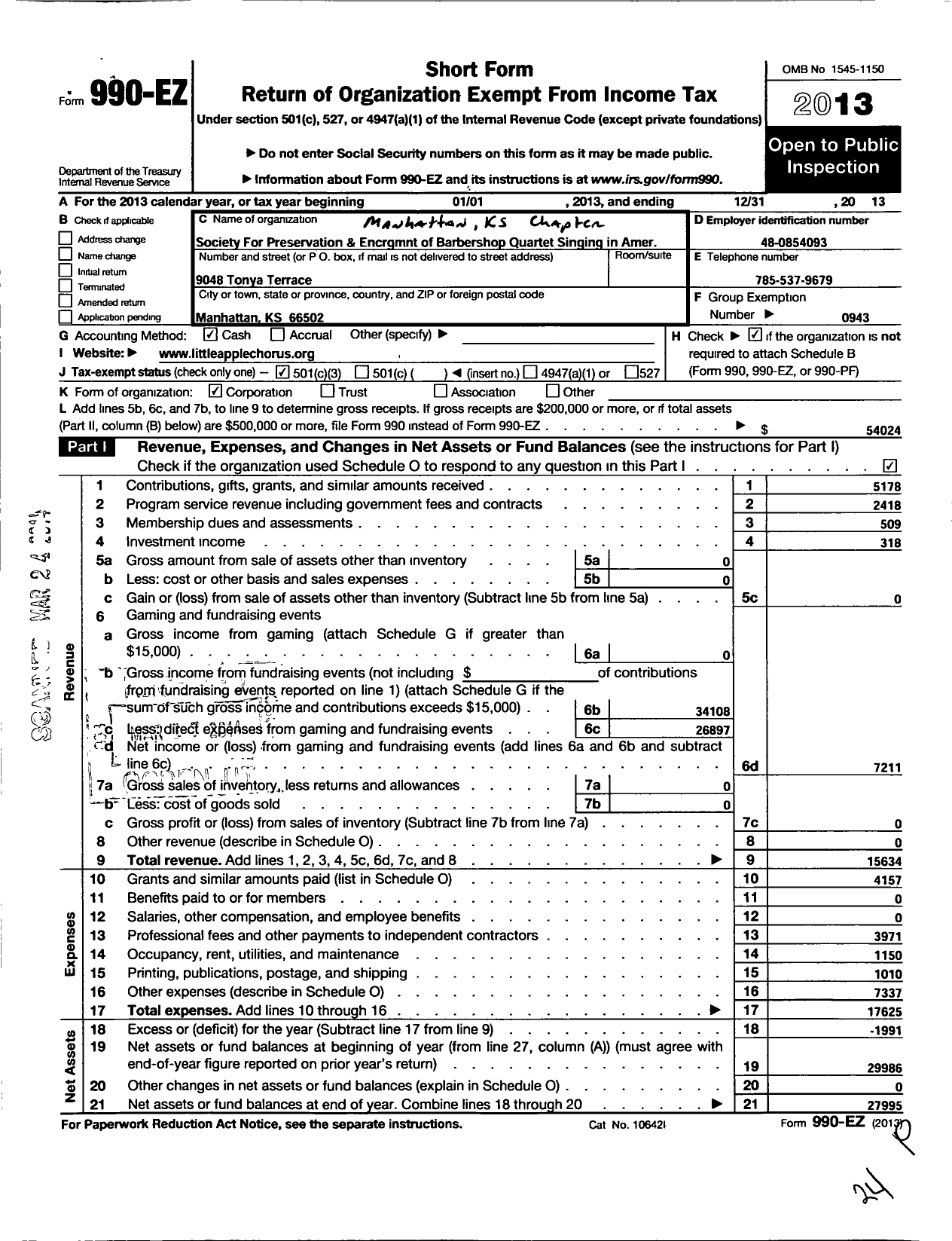 Image of first page of 2013 Form 990EZ for Barbershop Harmony Society - A063 Manhattan