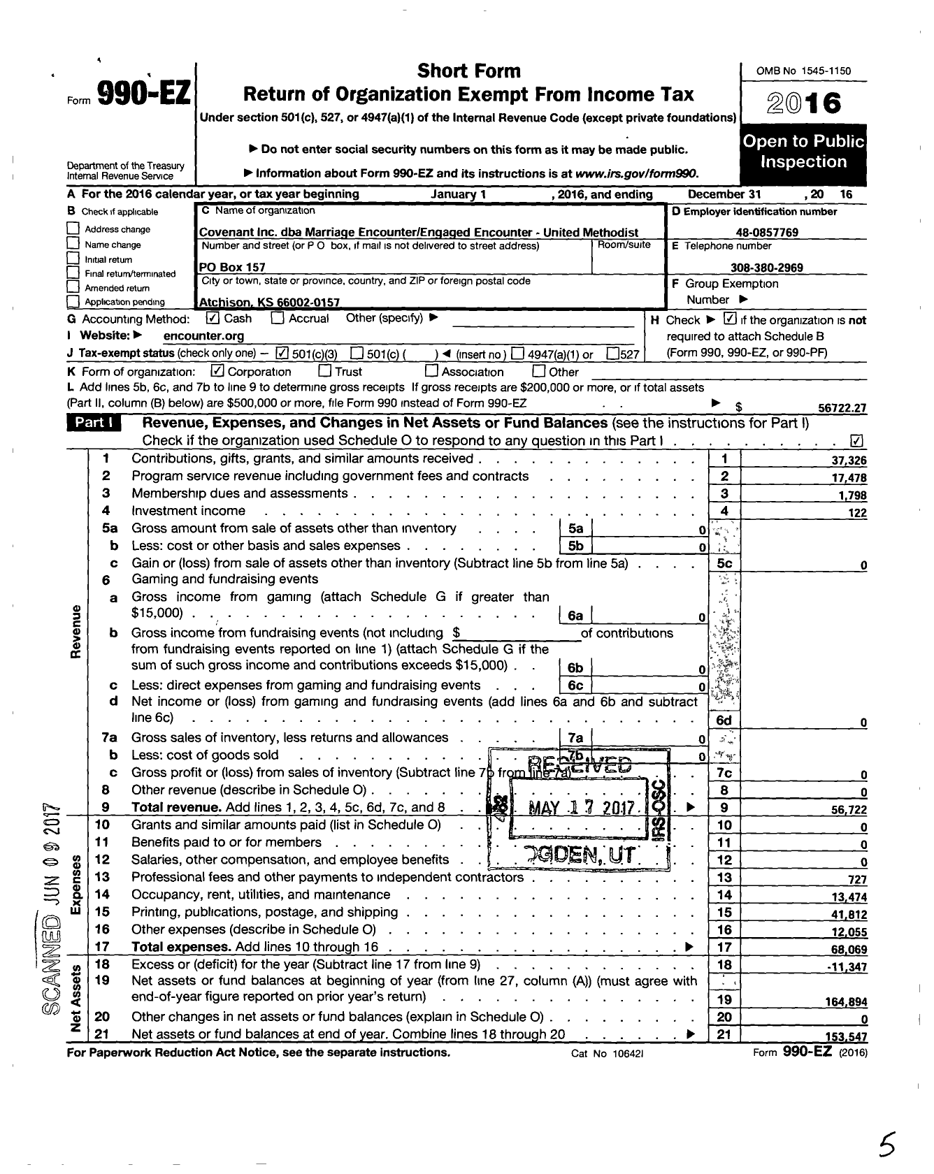 Image of first page of 2016 Form 990EZ for Covenant / Marriage Encounter Engaged Encounter United Met