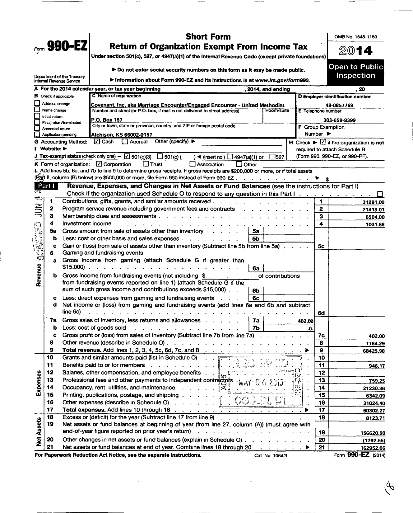 Image of first page of 2014 Form 990EZ for Covenant / Marriage Encounter Engaged Encounter United Met