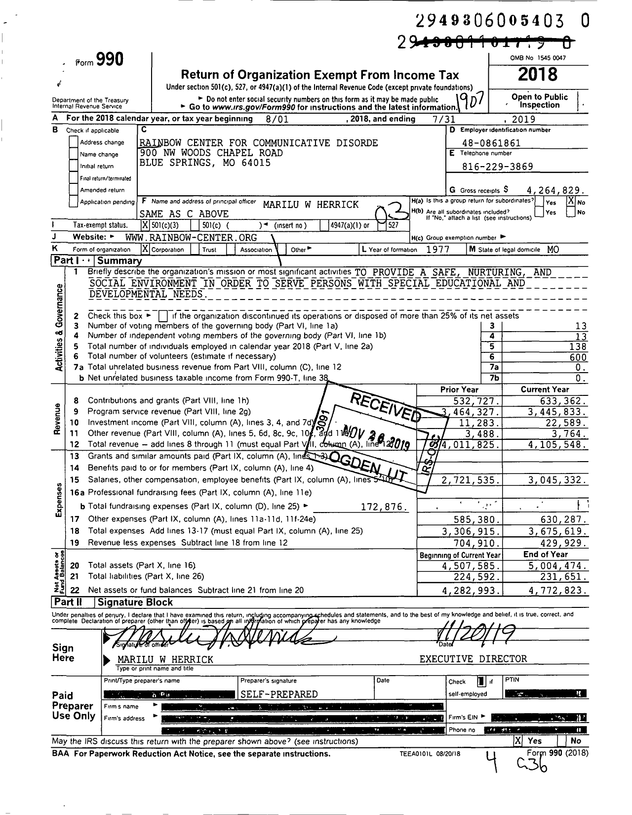 Image of first page of 2018 Form 990 for Rainbow Center for Communicative Disorders