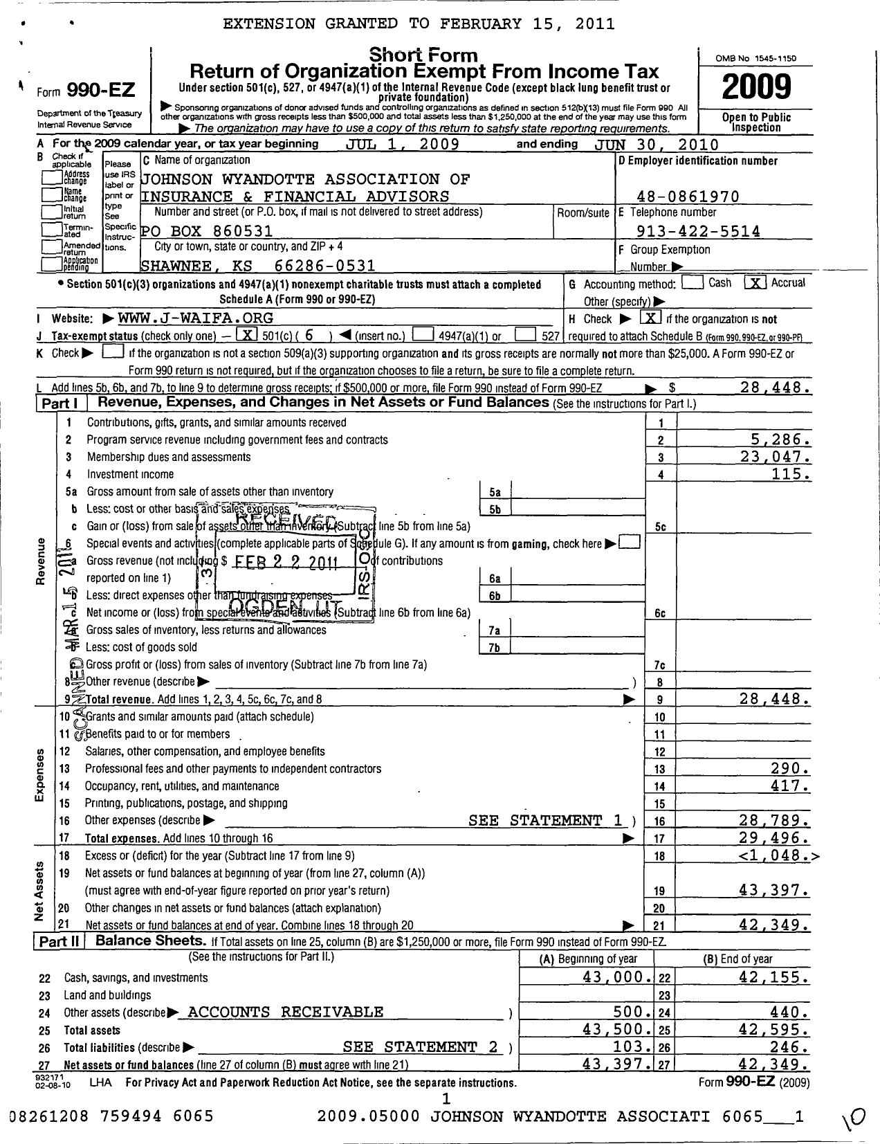 Image of first page of 2009 Form 990EO for Johnson-Wyandotte Association of Life Underwriters