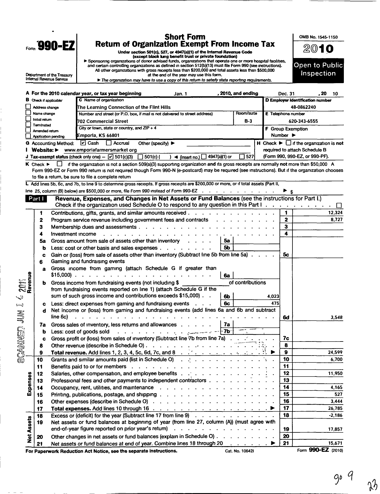 Image of first page of 2010 Form 990EZ for Learning Connection of the Flint Hills