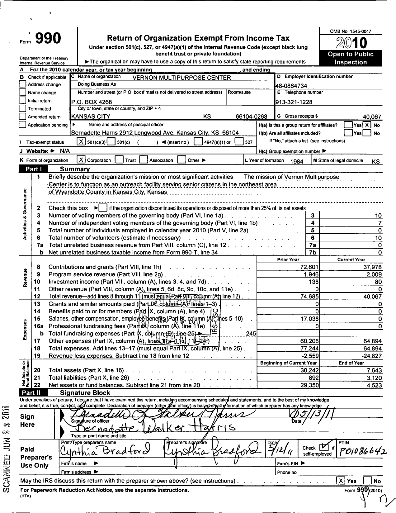 Image of first page of 2010 Form 990 for Vernon Multipurpose Center