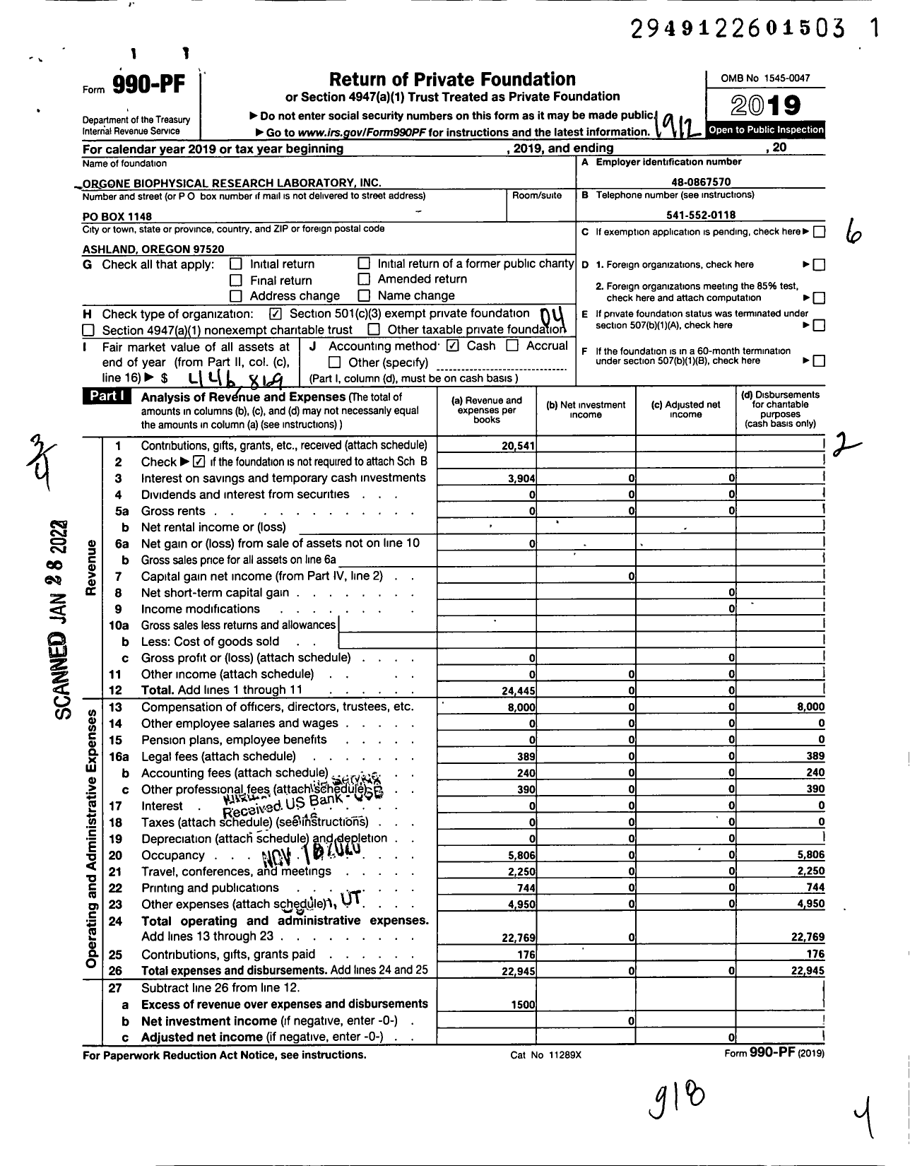 Image of first page of 2019 Form 990PF for Orgone Biophysical Research Laboratory