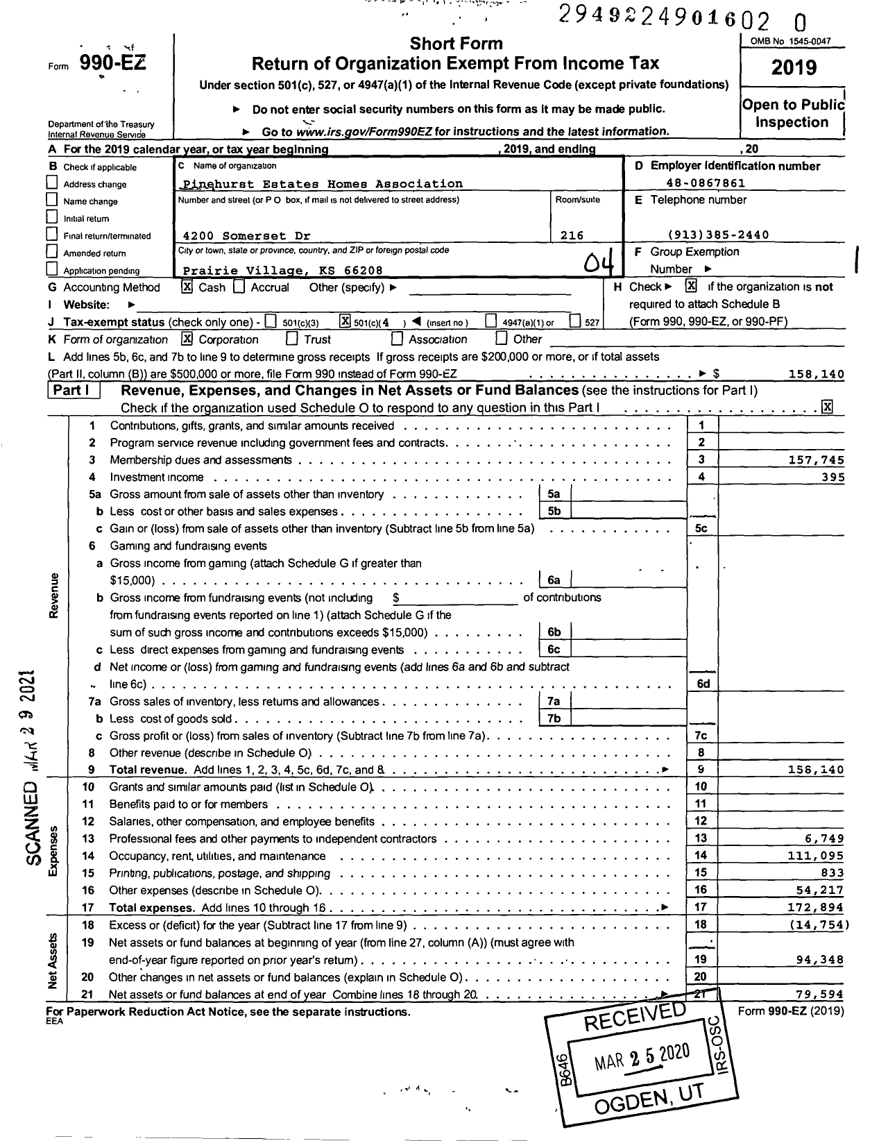 Image of first page of 2019 Form 990EO for Pinehurst Estates Homes Association