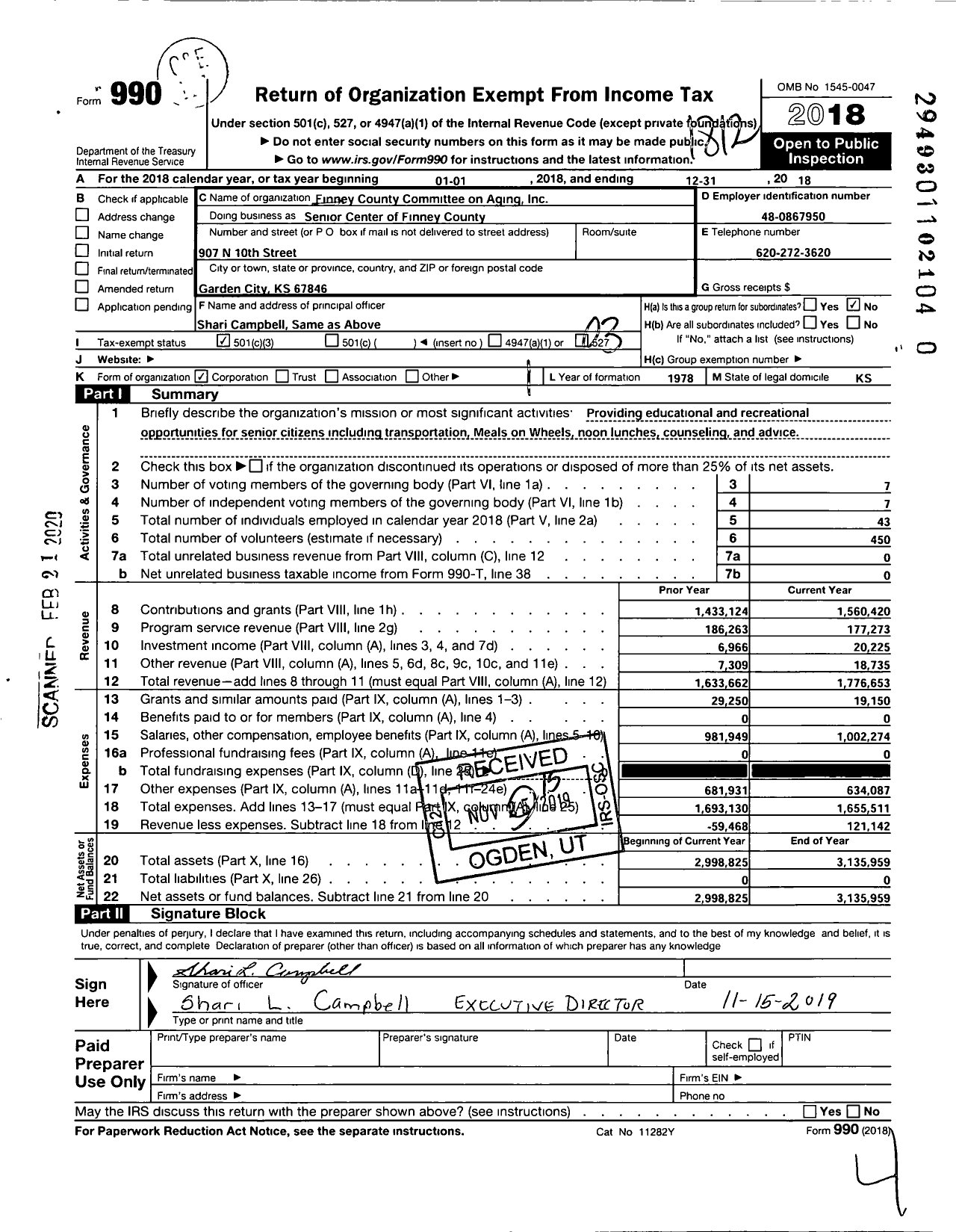 Image of first page of 2018 Form 990 for FINNEY COUNTY COMMITTEE ON AGING INC Senior Center of FINNEY COUNTY