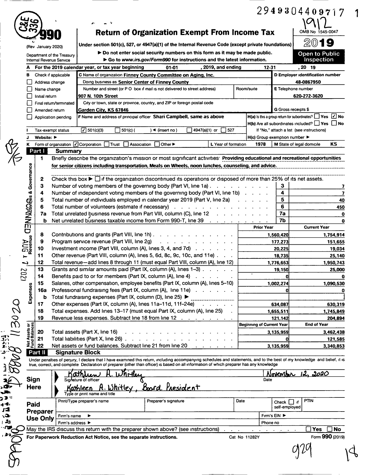 Image of first page of 2019 Form 990 for FINNEY COUNTY COMMITTEE ON AGING INC Senior Center of FINNEY COUNTY