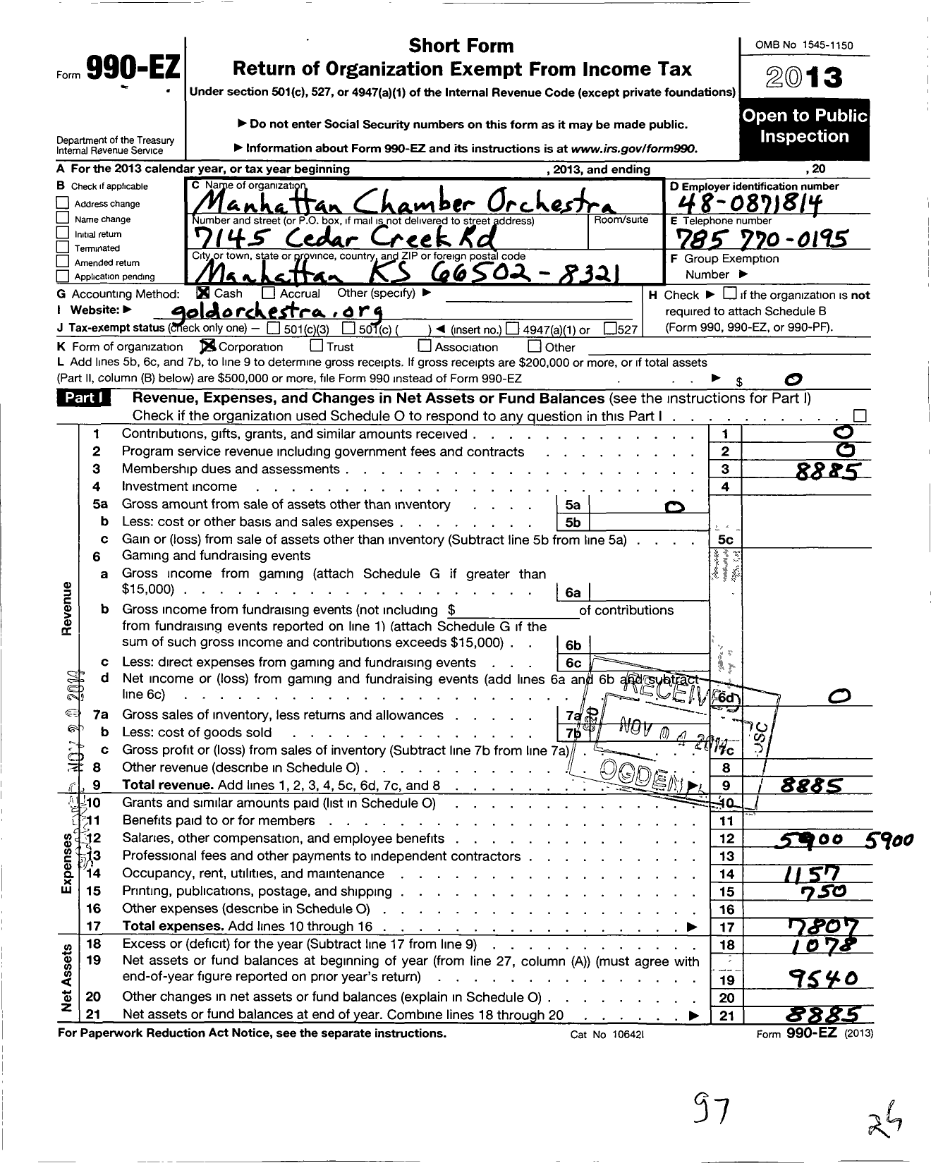 Image of first page of 2013 Form 990EO for Manhattan Chamber Orchestra