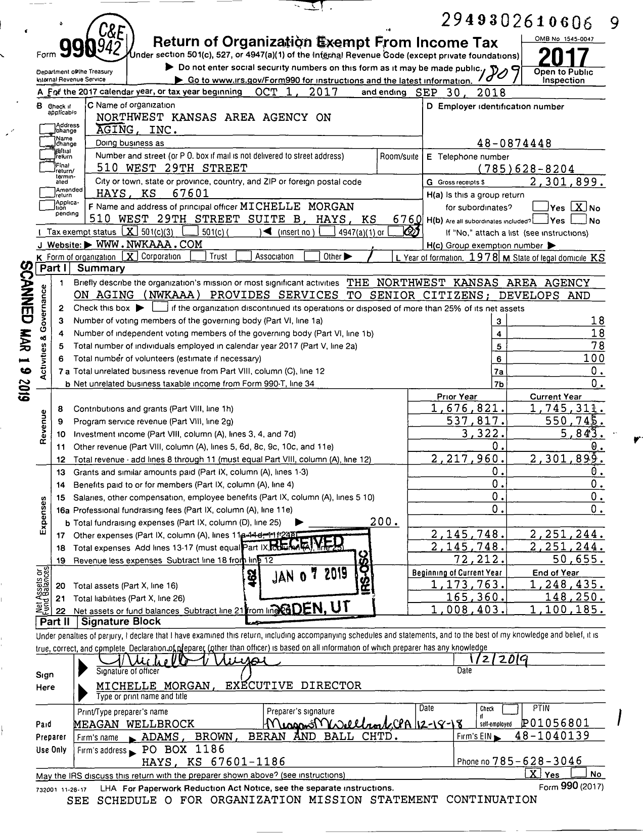 Image of first page of 2017 Form 990 for Northwest Kansas Area Agency on Aging