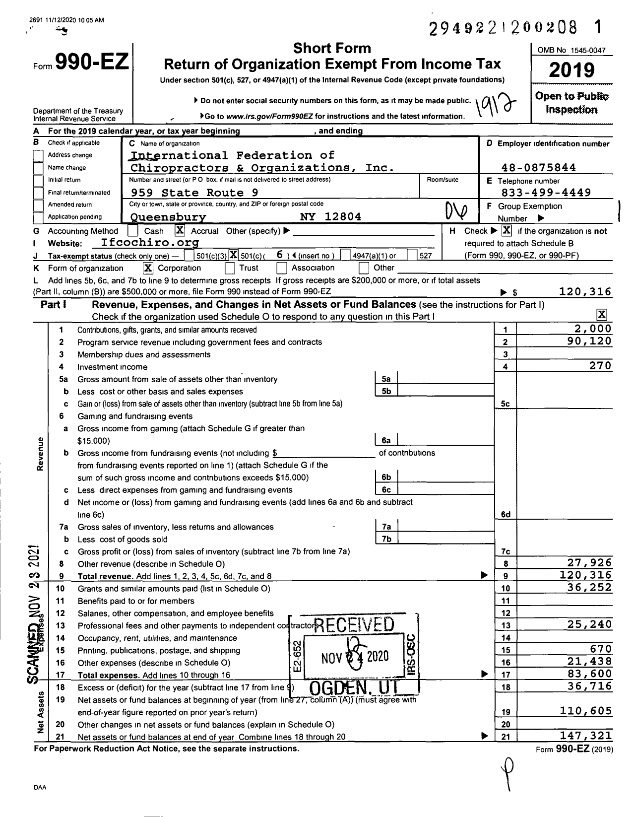 Image of first page of 2019 Form 990EO for International Federation of Chiropractors and Organizations