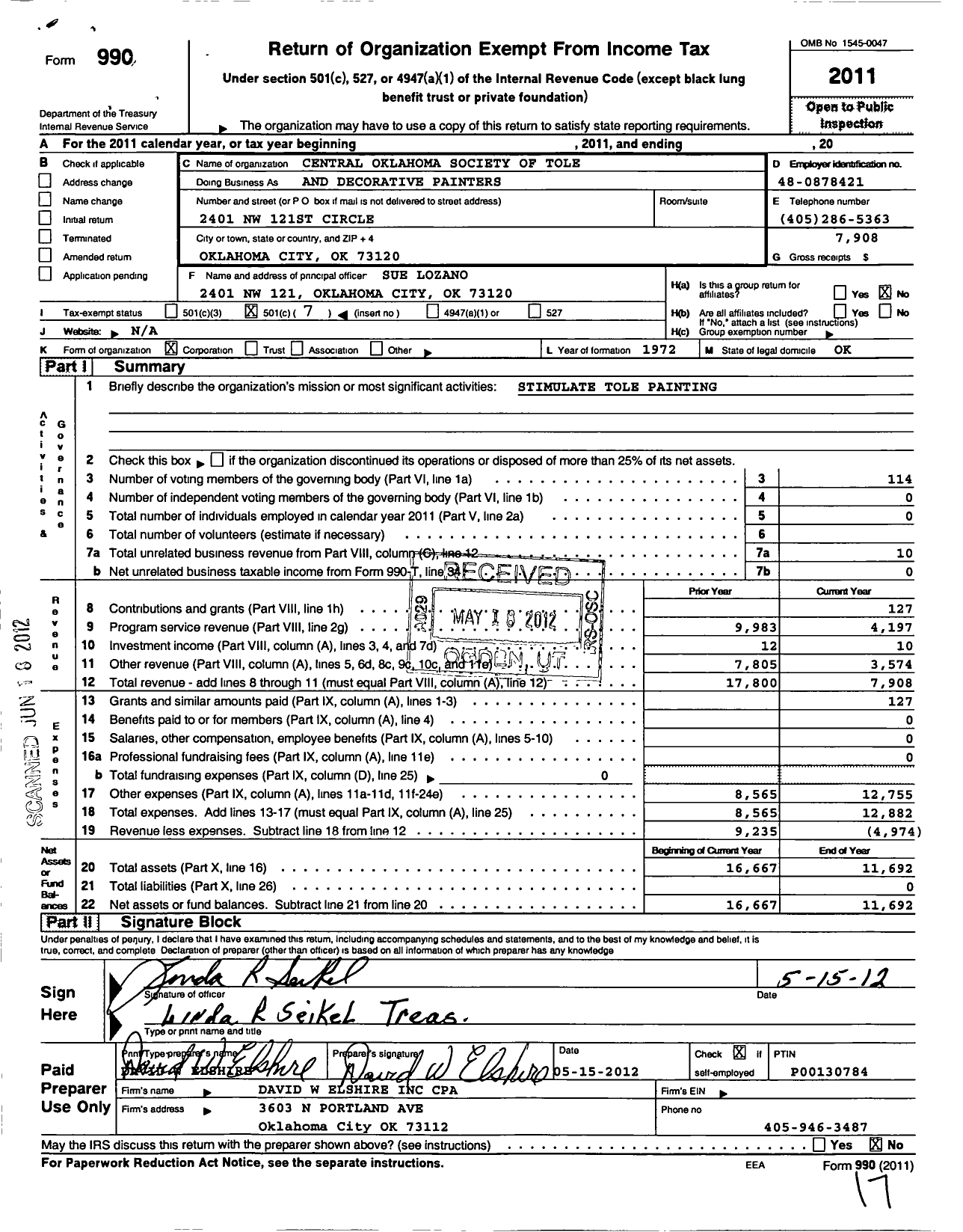 Image of first page of 2011 Form 990O for National Society of Tole and Decorative Painters / Central Ok Soc Tole & Dec PTRS