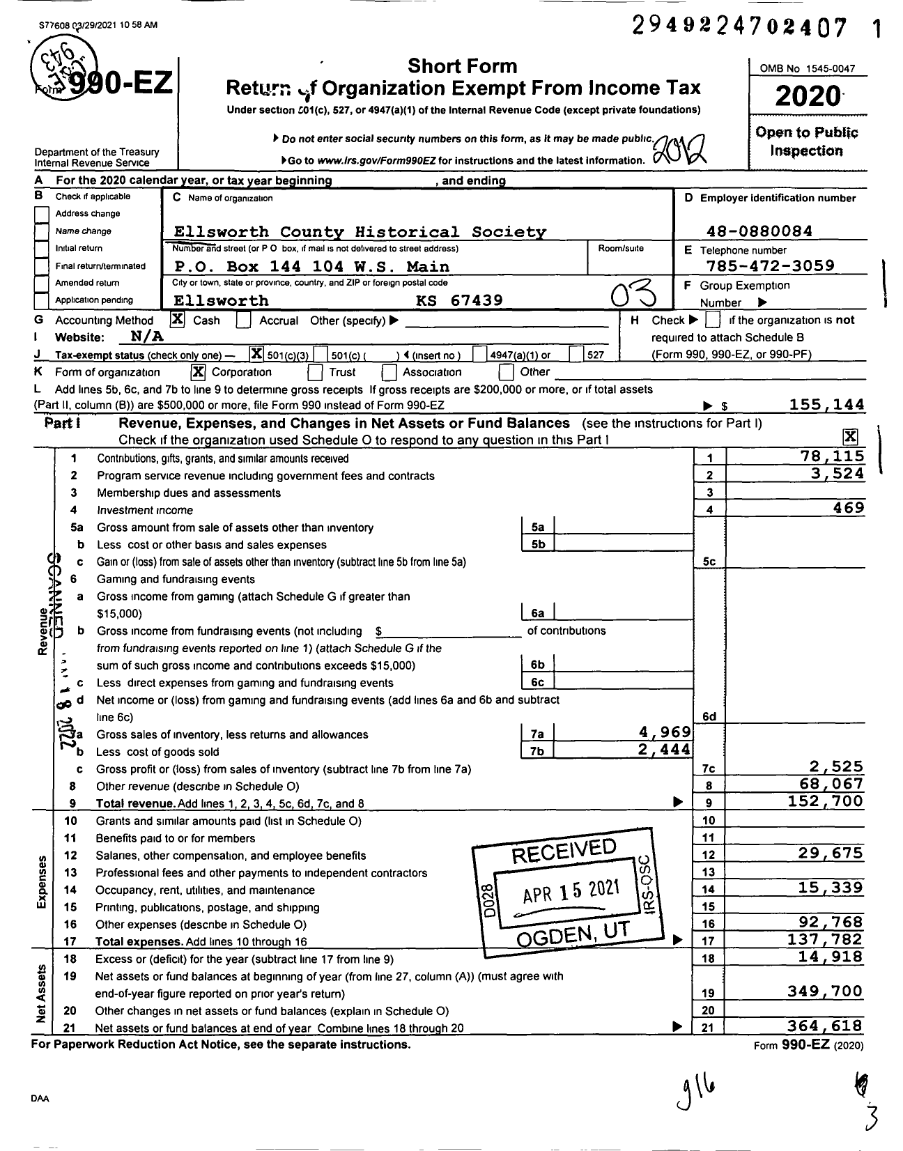 Image of first page of 2020 Form 990EZ for Ellsworth County Historical Society