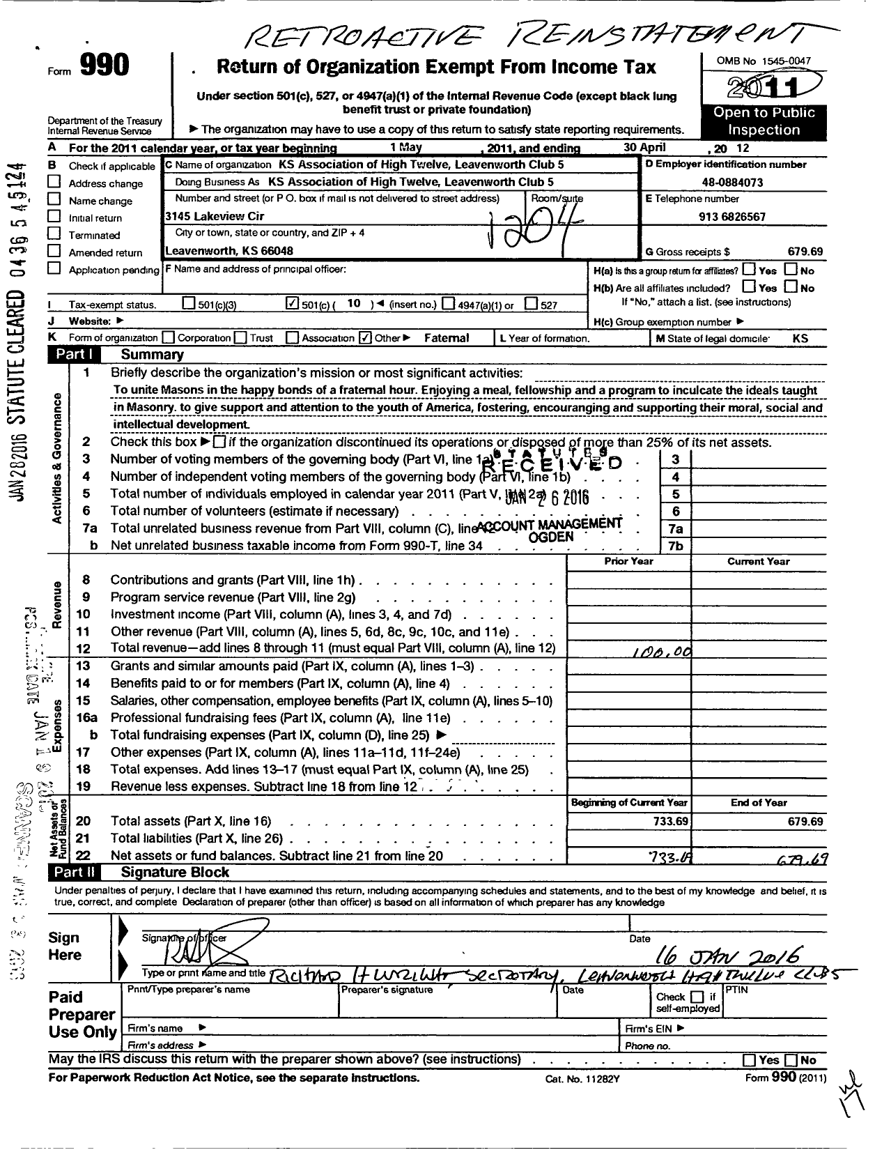 Image of first page of 2011 Form 990O for Kansas Association of High Twelve Clubs - 005 Leavenworth KS