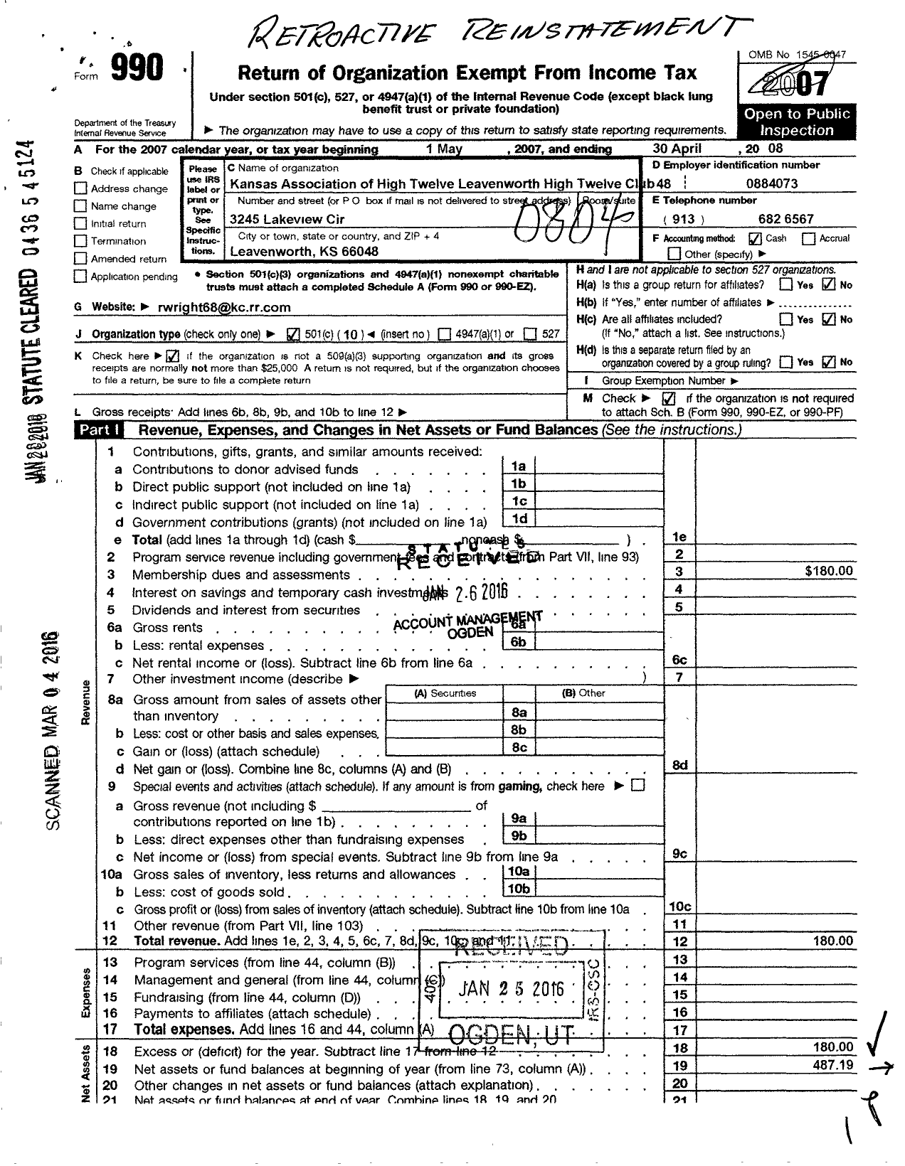 Image of first page of 2007 Form 990O for Kansas Association of High Twelve Clubs - 005 Leavenworth KS