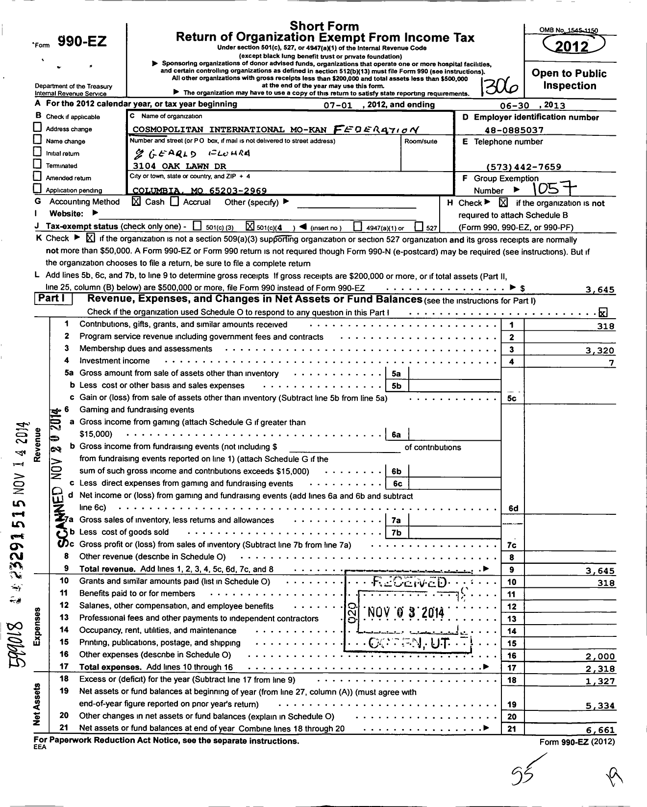 Image of first page of 2012 Form 990EO for Cosmopolitan International / Mo-Kan Federation