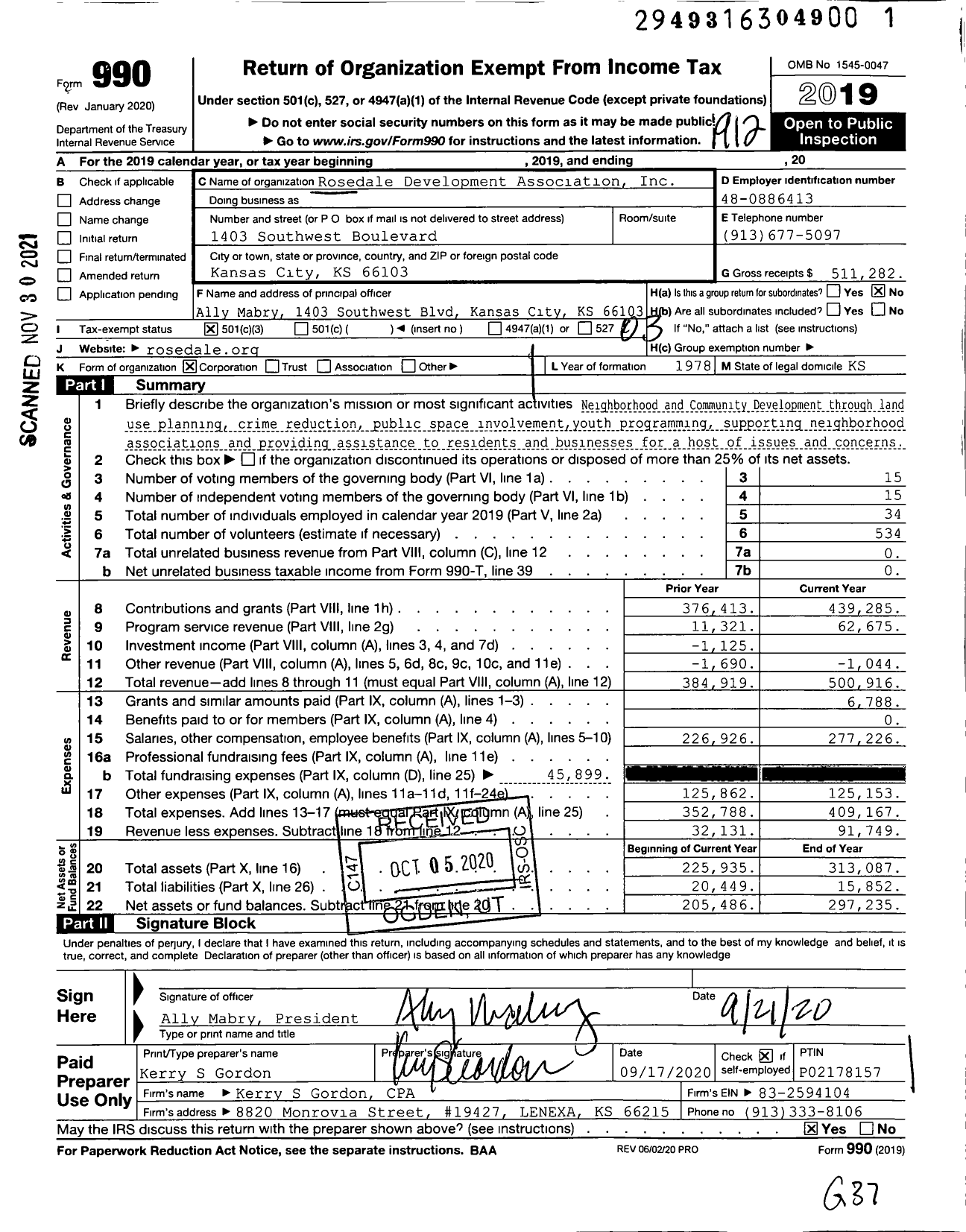 Image of first page of 2019 Form 990 for Rosedale Development Association