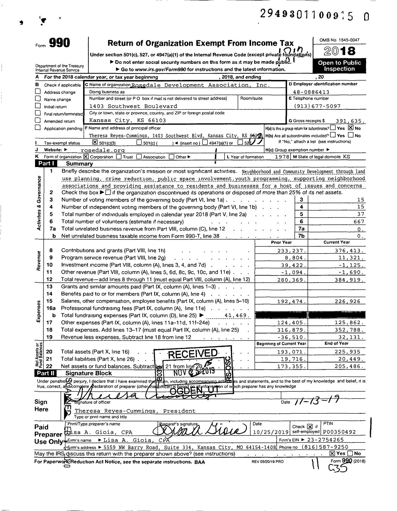 Image of first page of 2018 Form 990 for Rosedale Development Association