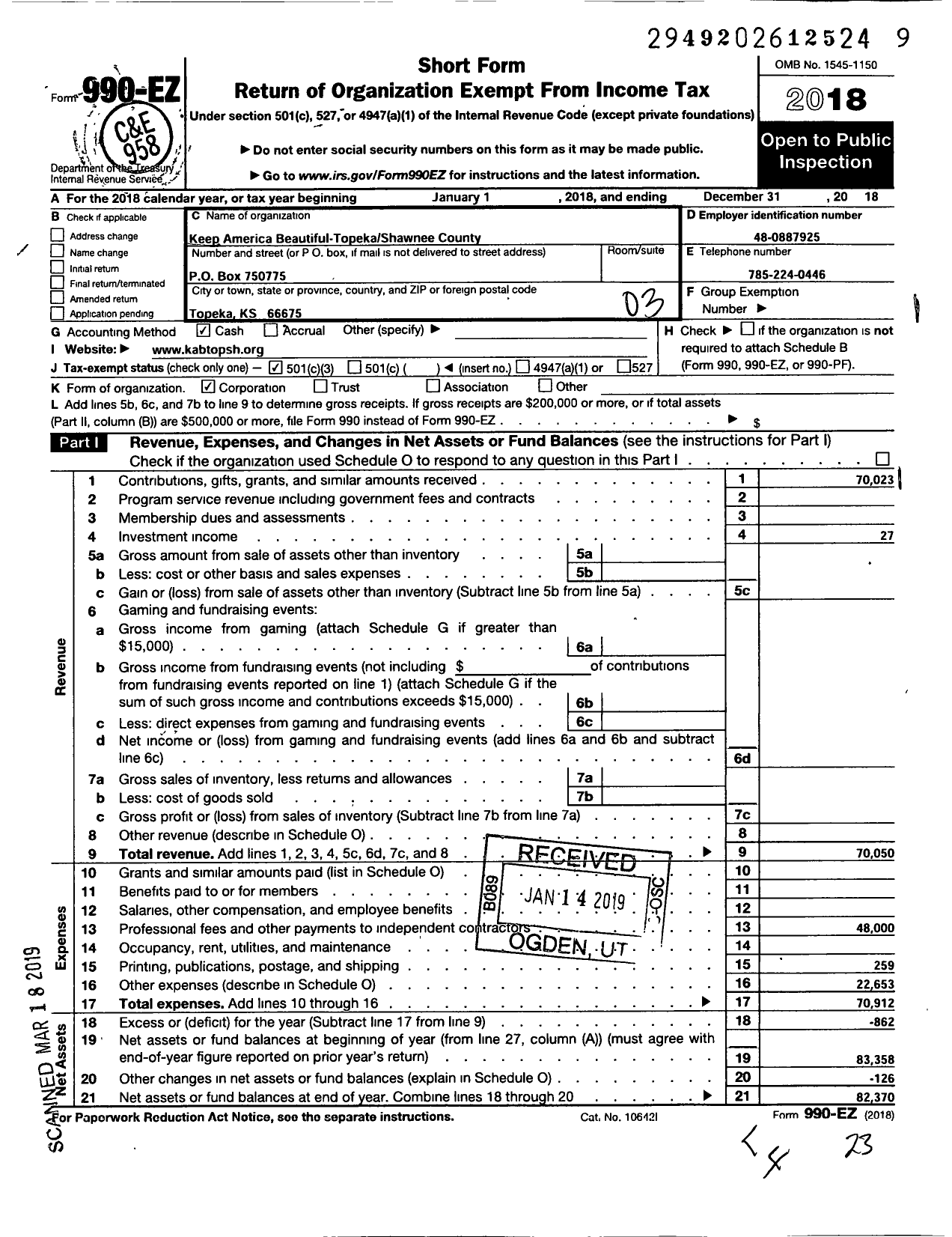 Image of first page of 2018 Form 990EZ for Keep America Beautiful-Topekashawnee County