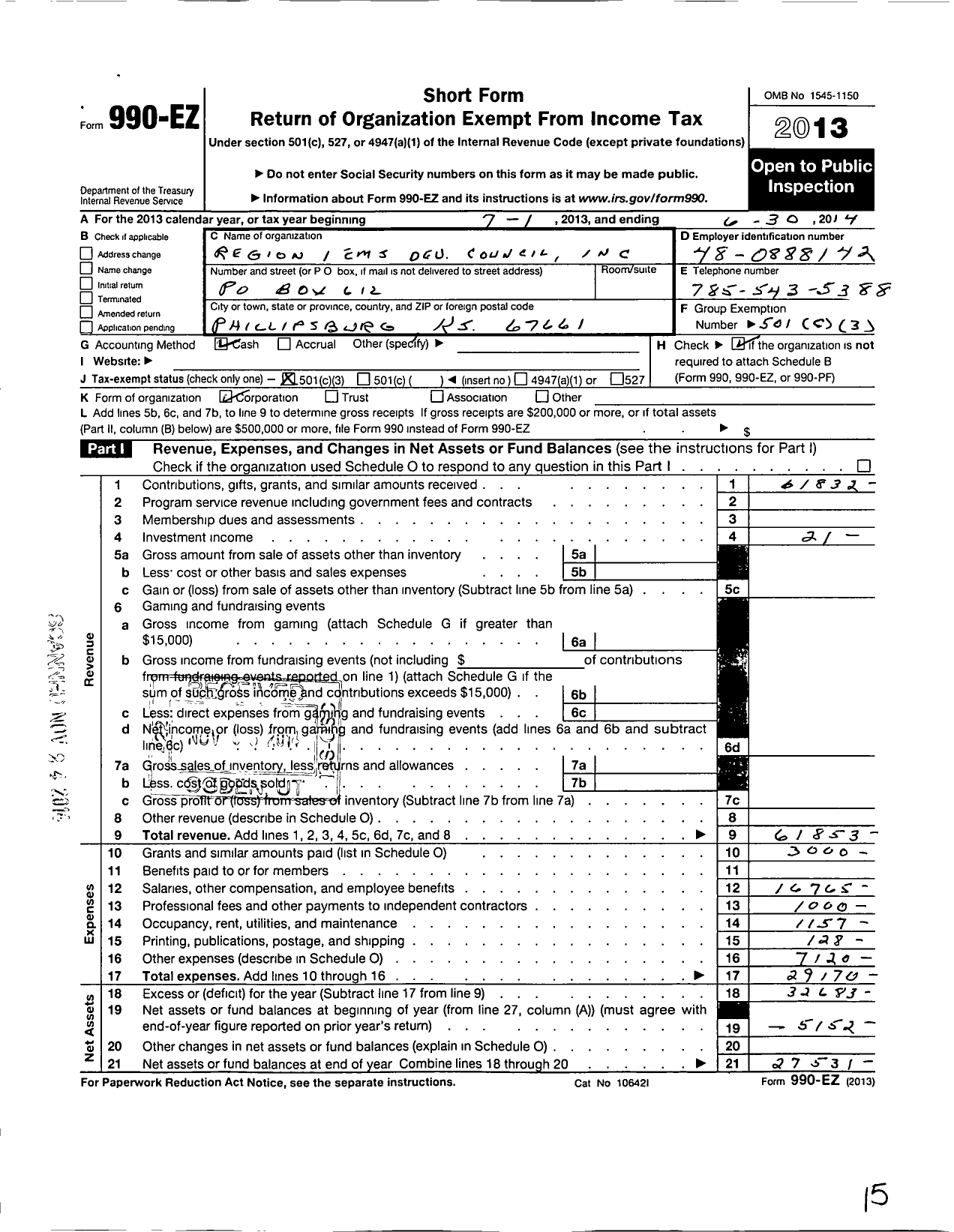 Image of first page of 2013 Form 990EZ for Region 1 Ems Dev Council